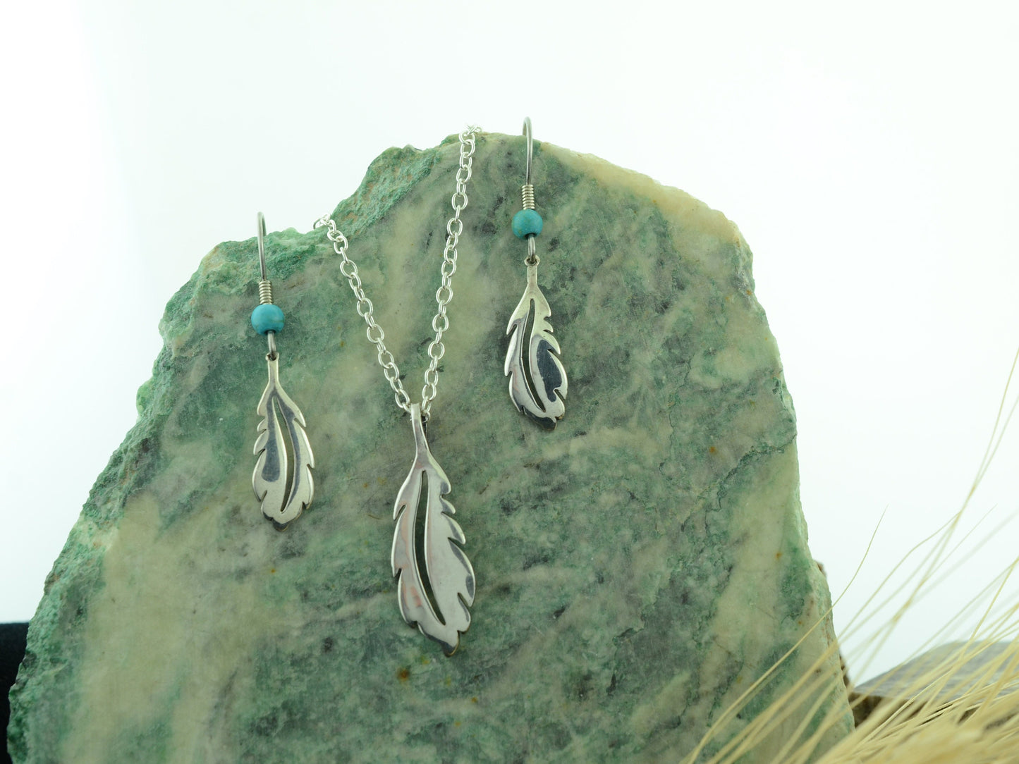 Open Feather Pendant and Earrings in Sterling Silver with Turquoise Accent Bead Set – Lakota Legacy Line