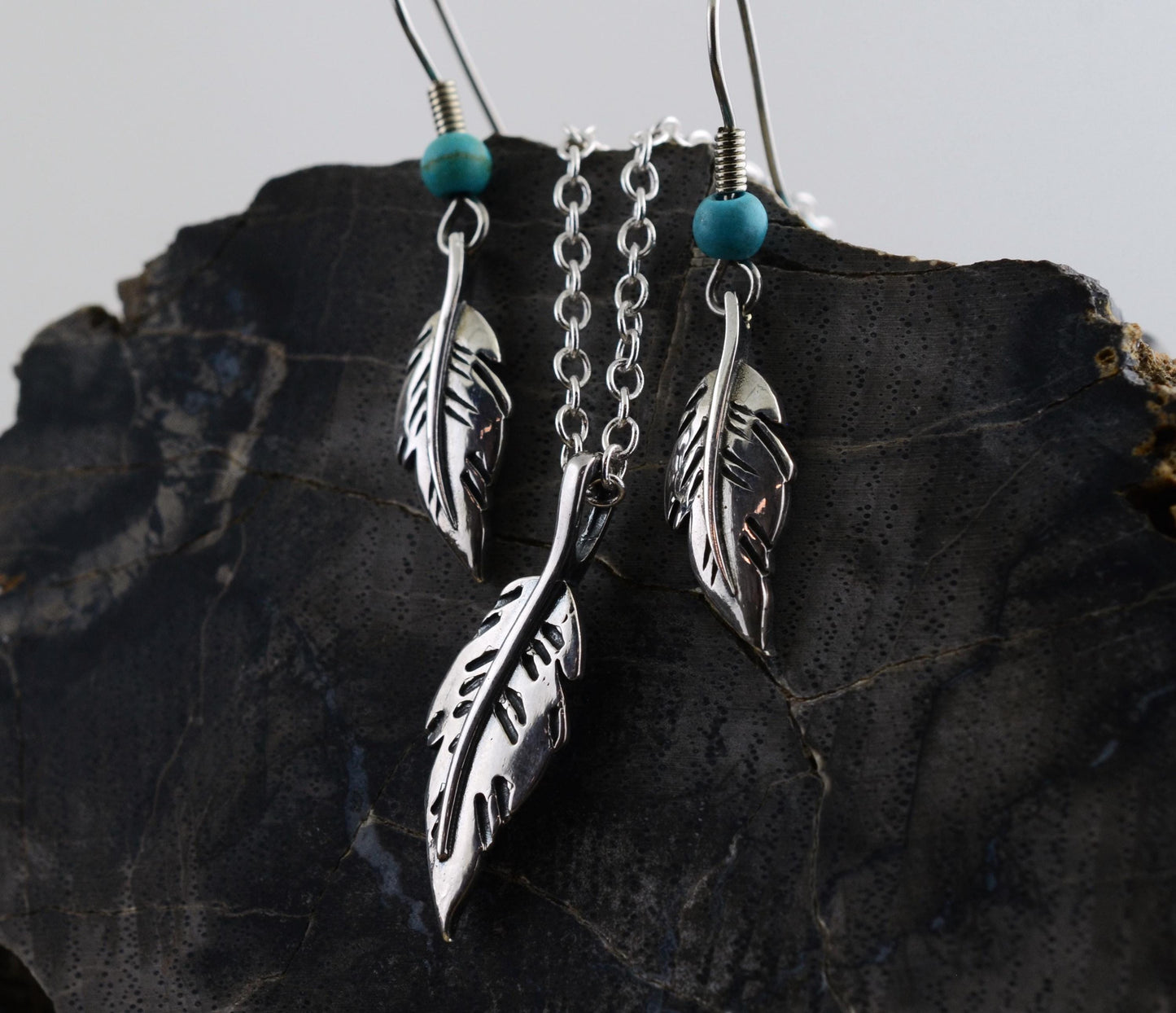 Minimalist Feather Pendant and Earrings in Sterling Silver with Turquoise Accents Set – Lakota Legacy Line
