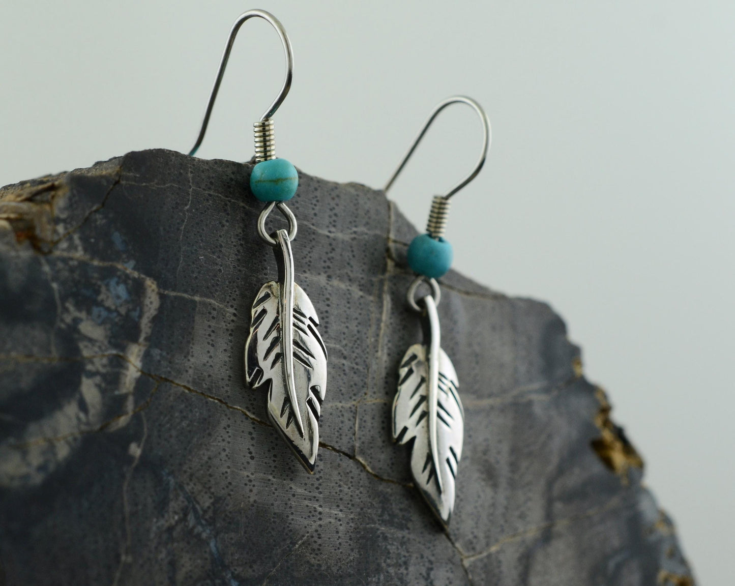 Minimalist Feather Earrings in Sterling Silver with Turquoise Accents – Lakota Legacy Line