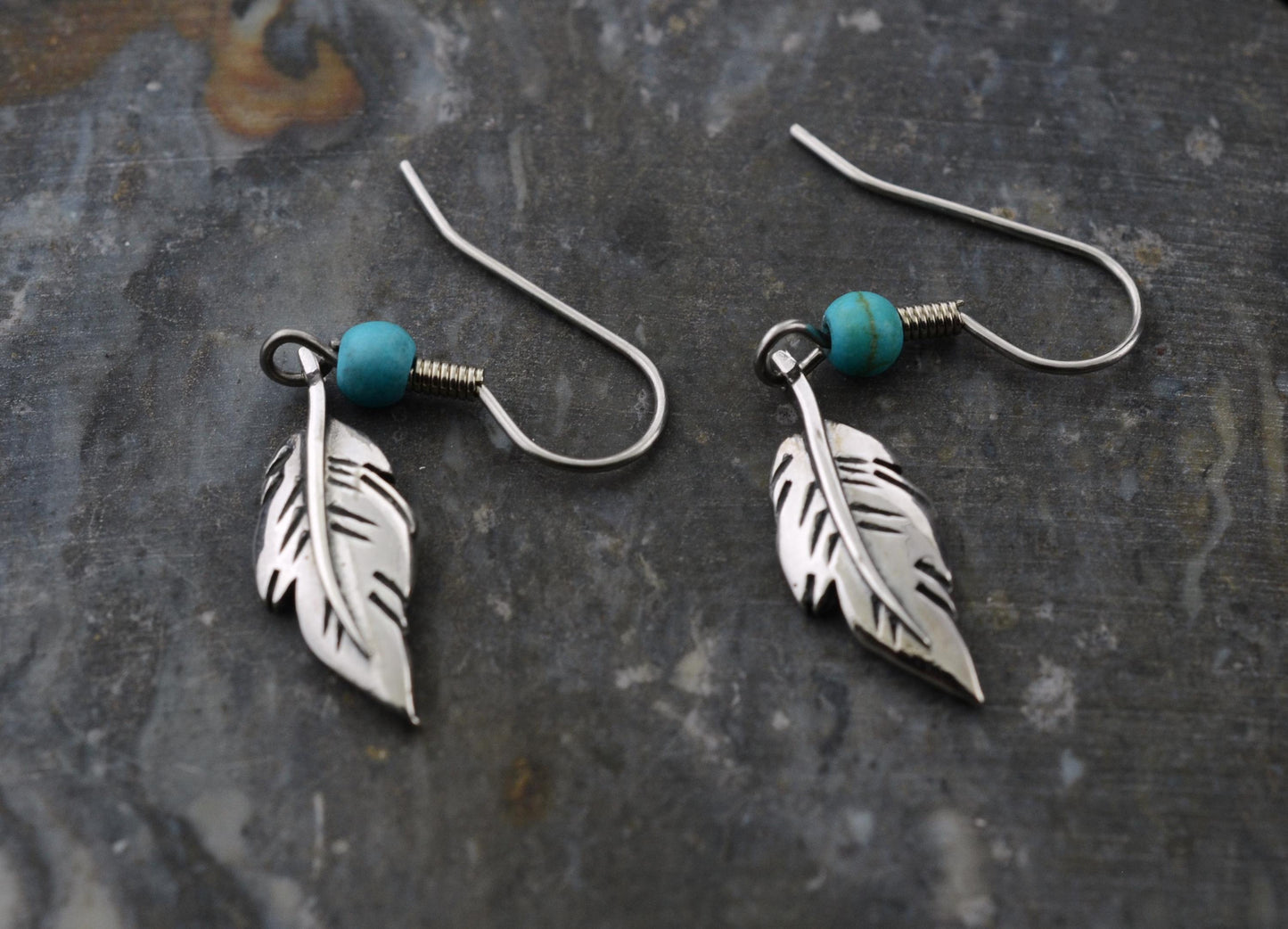 Minimalist Feather Earrings in Sterling Silver with Turquoise Accents – Lakota Legacy Line