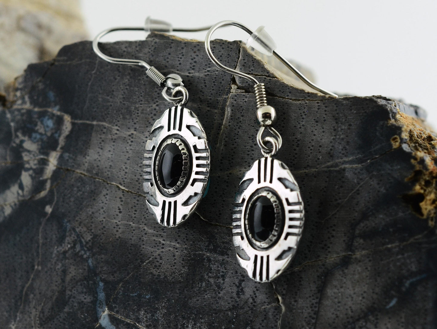 Aztec Inspired Tribal Shield Earrings in Sterling Silver with Black Onyx – Lakota Legacy Line