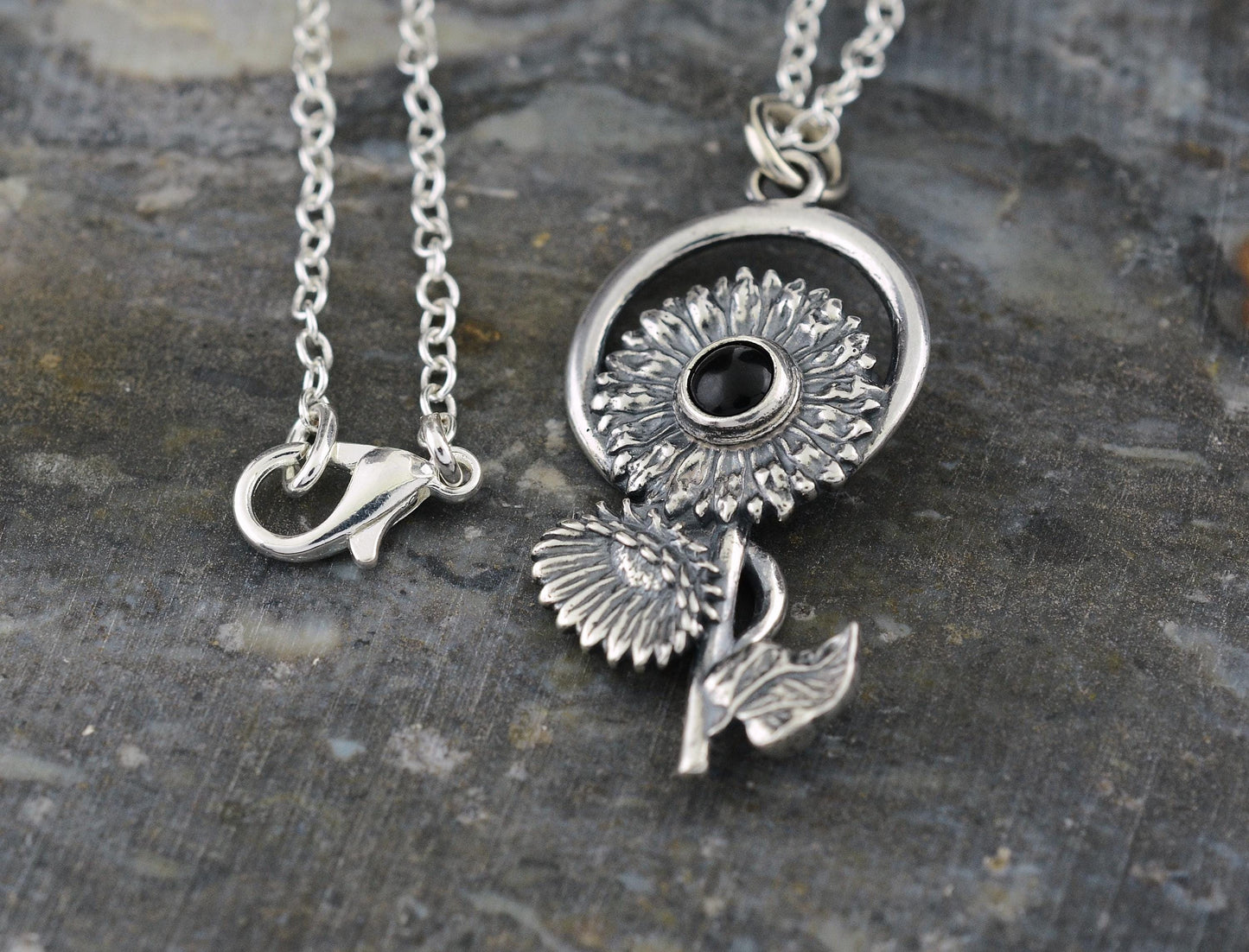 Sunflower Pendant in Sterling Silver with Black Onyx – The Nature Series