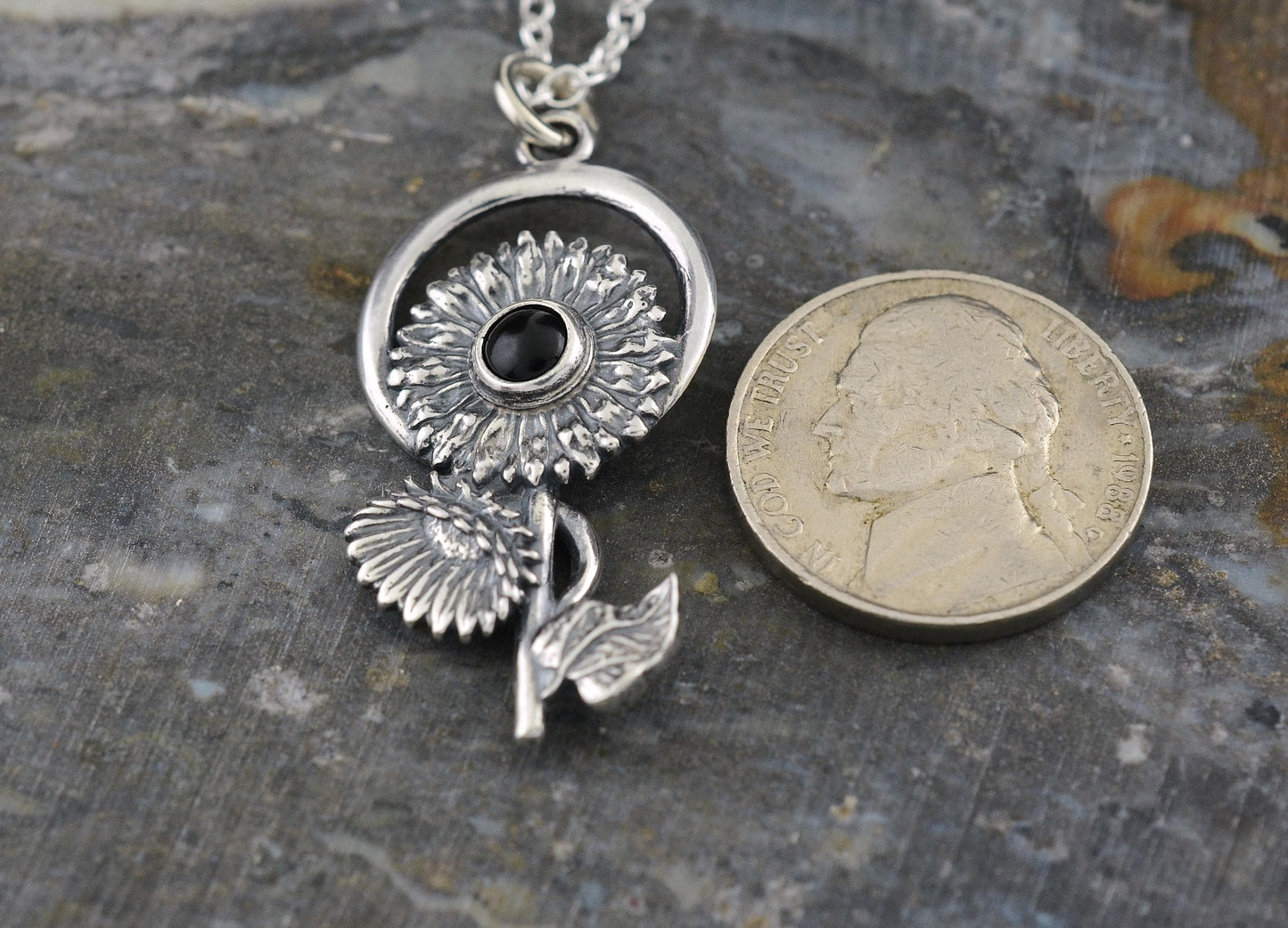 Sunflower Pendant in Sterling Silver with Black Onyx – The Nature Series