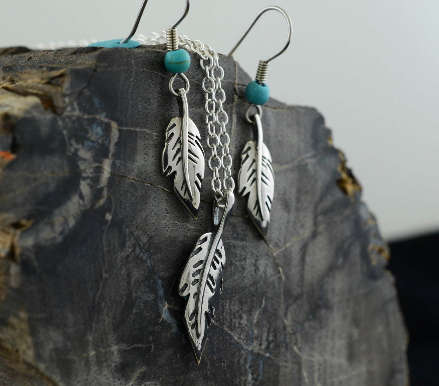 Minimalist Feather Pendant and Earrings in Sterling Silver with Turquoise Accents Set – Lakota Legacy Line
