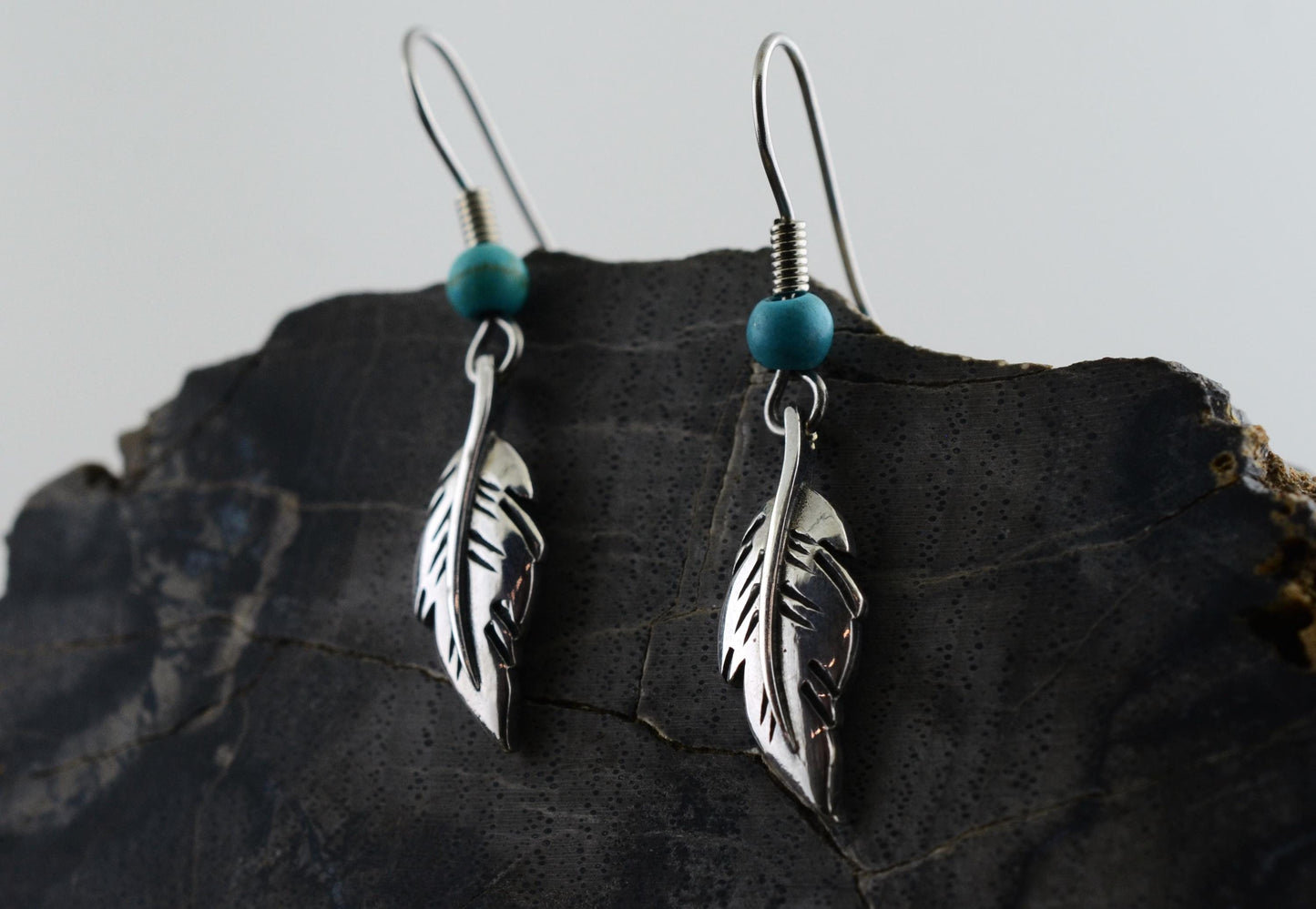 Minimalist Feather Earrings in Sterling Silver with Turquoise Accents – Lakota Legacy Line