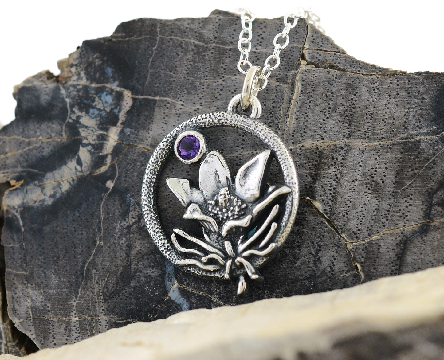Pasque Flower Necklace in Sterling Silver with Genuine Amethyst – The Nature Line