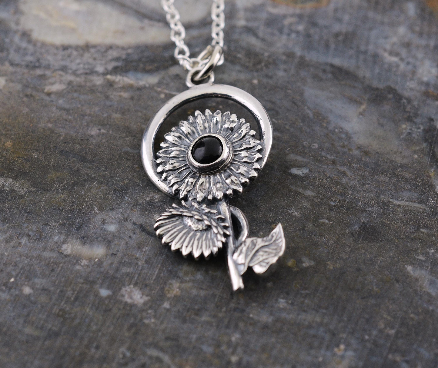 Sunflower Pendant in Sterling Silver with Black Onyx – The Nature Series
