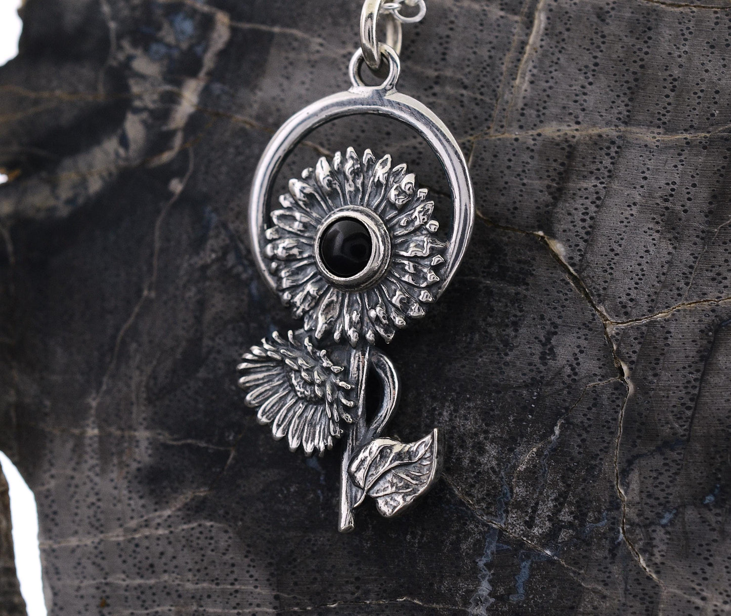 Sunflower Pendant in Sterling Silver with Black Onyx – The Nature Series