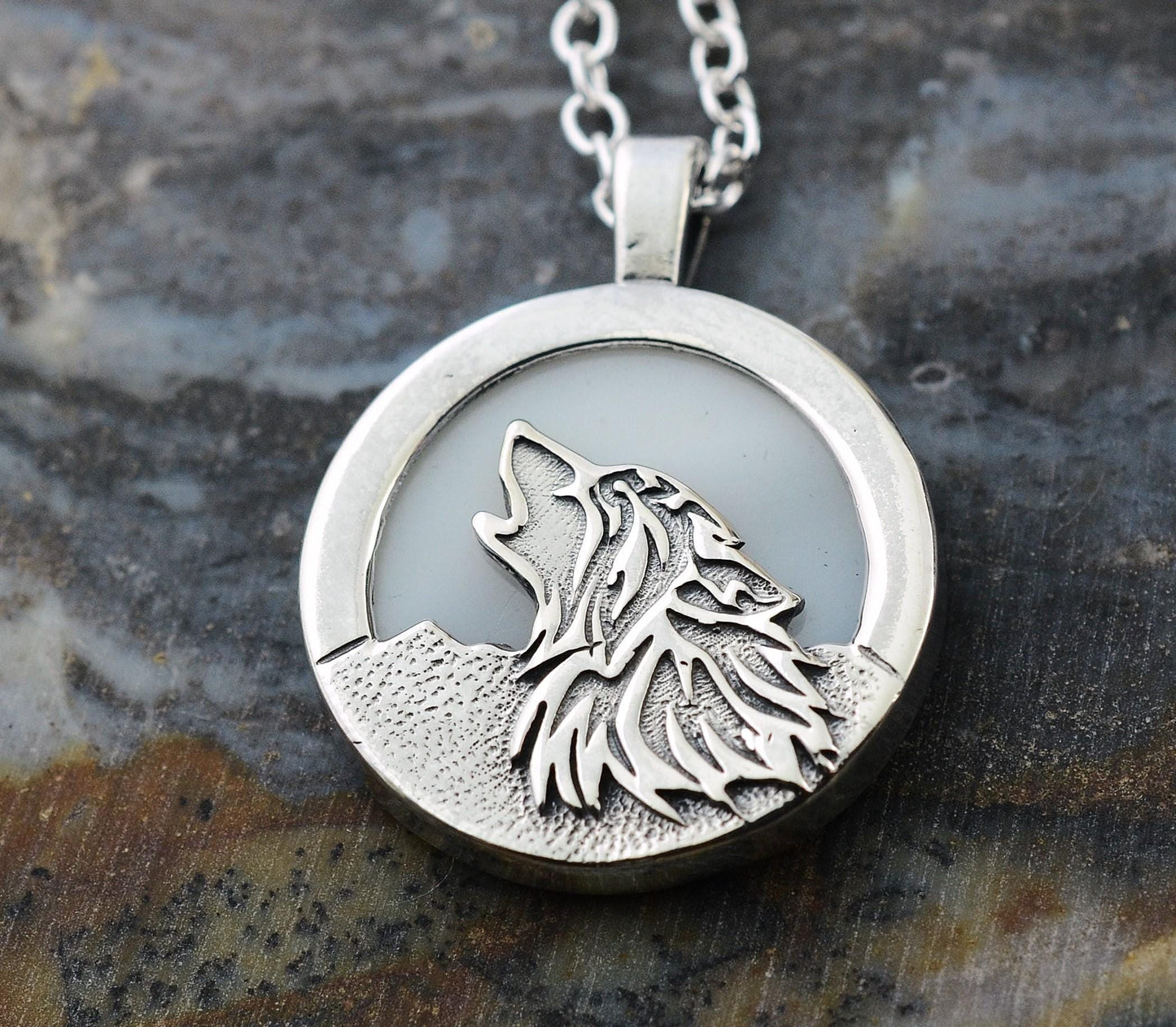 Howling Wolf Pendant in Sterling Silver with Mother of Pearl Moon – Lakota Legacy Line