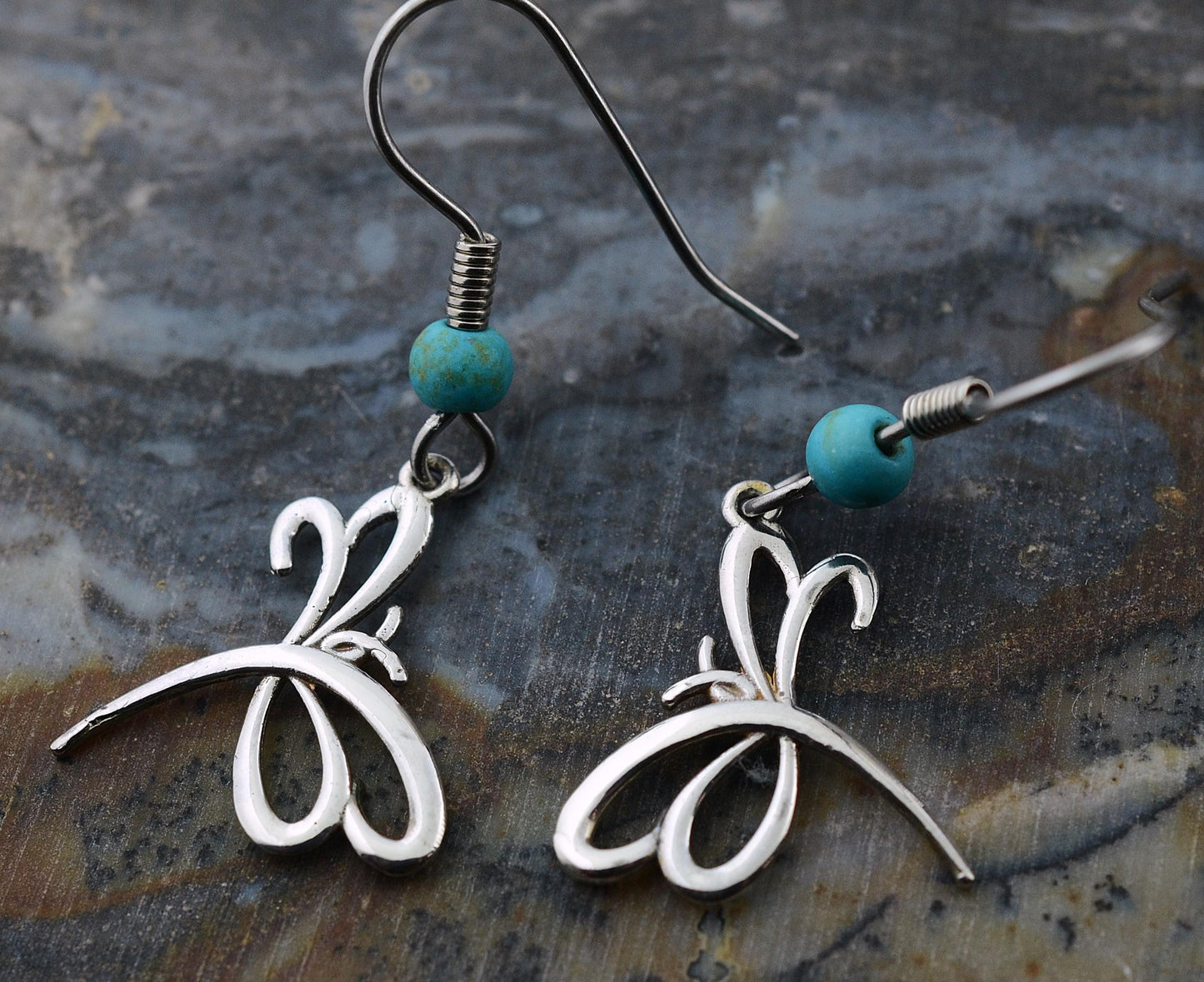 Dragonfly Earrings in Sterling Silver with Turquoise Beads – Lakota Legacy Line