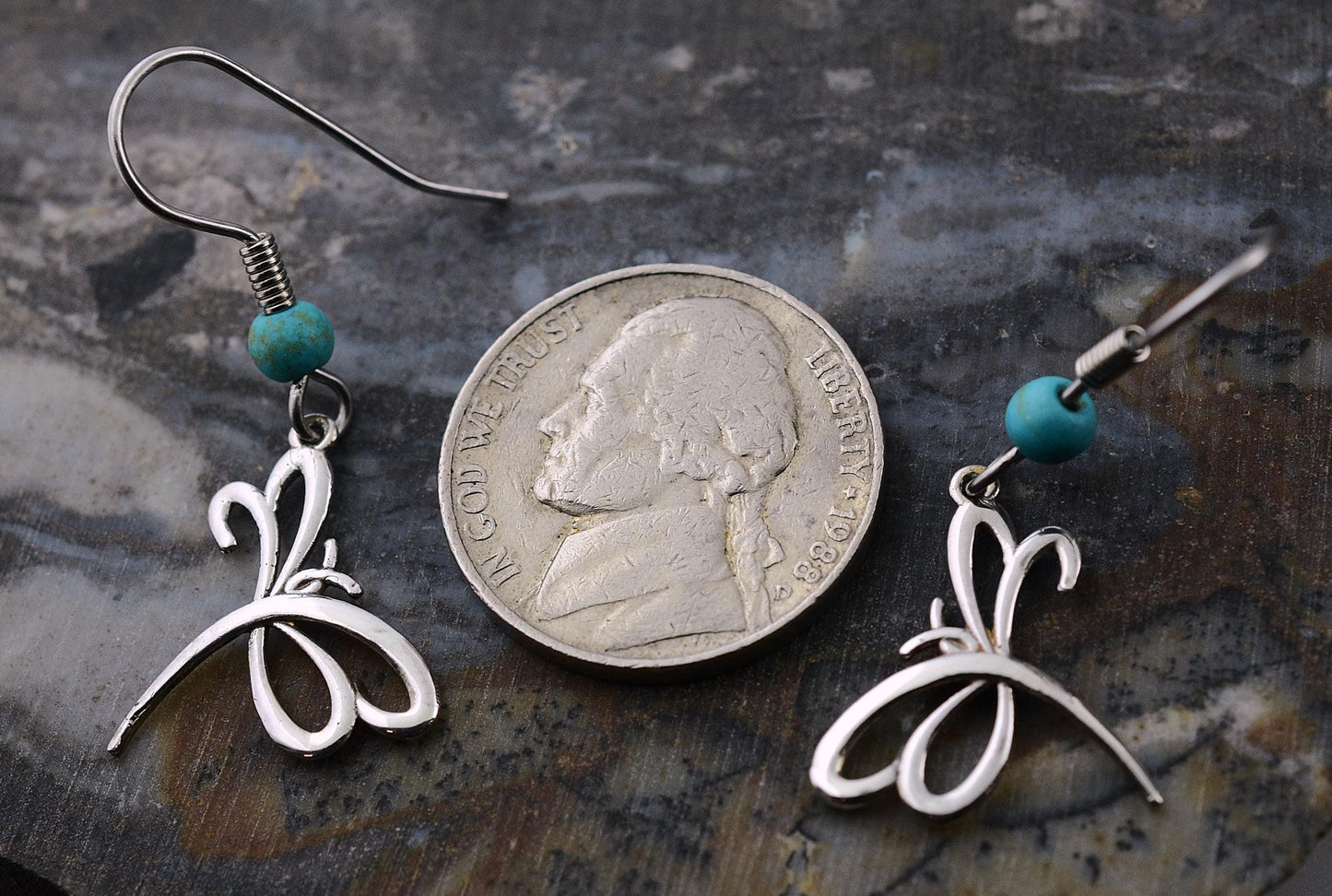 Dragonfly Earrings in Sterling Silver with Turquoise Beads – Lakota Legacy Line