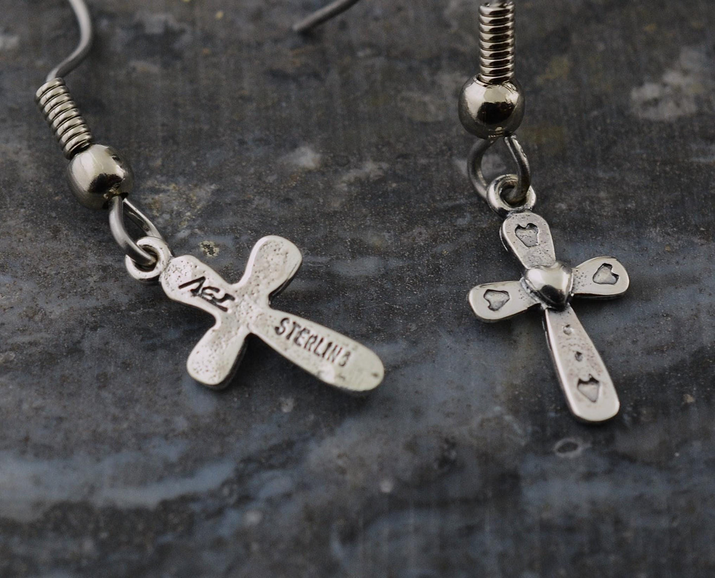 Mini Cross Earrings with Hearts in Sterling Silver – Identity Series
