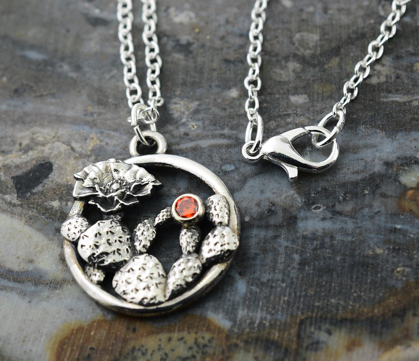 Cactus Pendant in Sterling Silver with Synthetic Padparadscha – The Nature Line