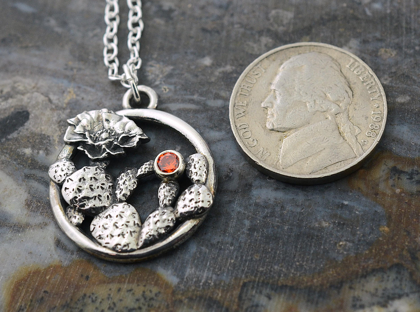 Cactus Pendant in Sterling Silver with Synthetic Padparadscha – The Nature Line