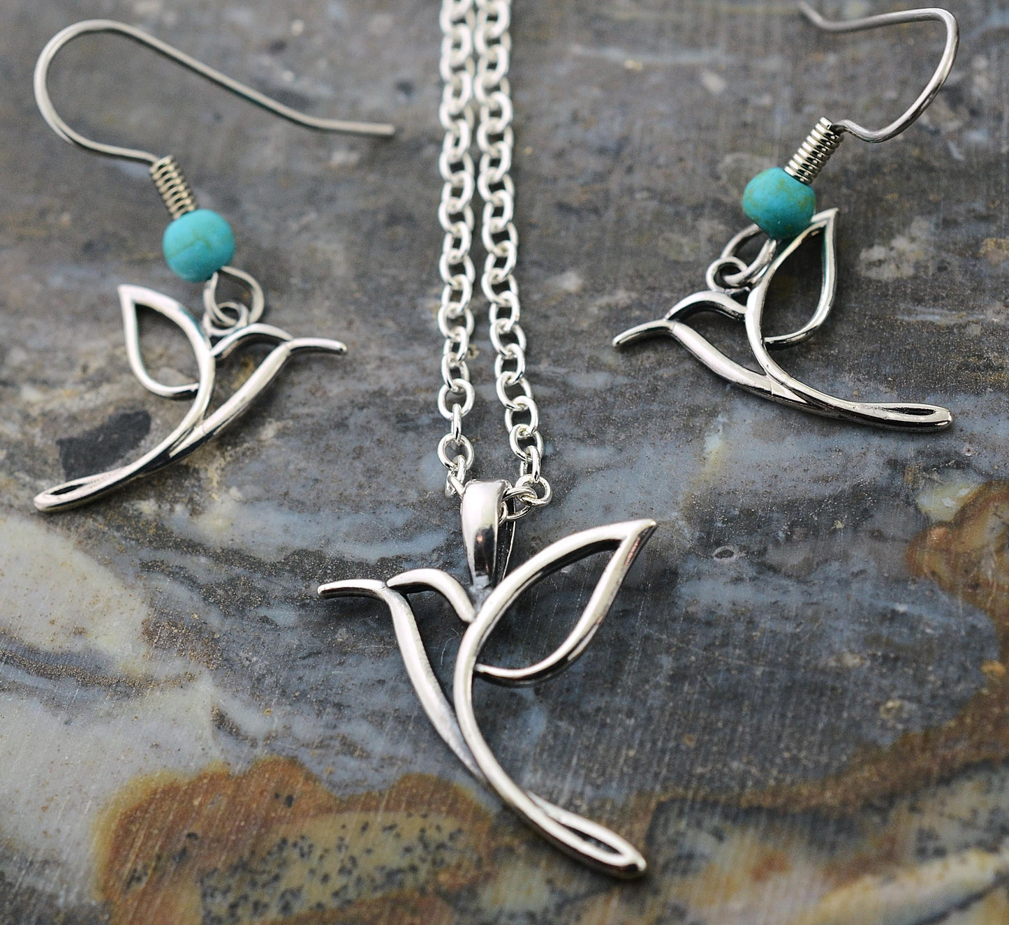 Hummingbird Earrings and Pendant Set in Sterling Silver with Turquoise Accents – Lakota Legacy Line