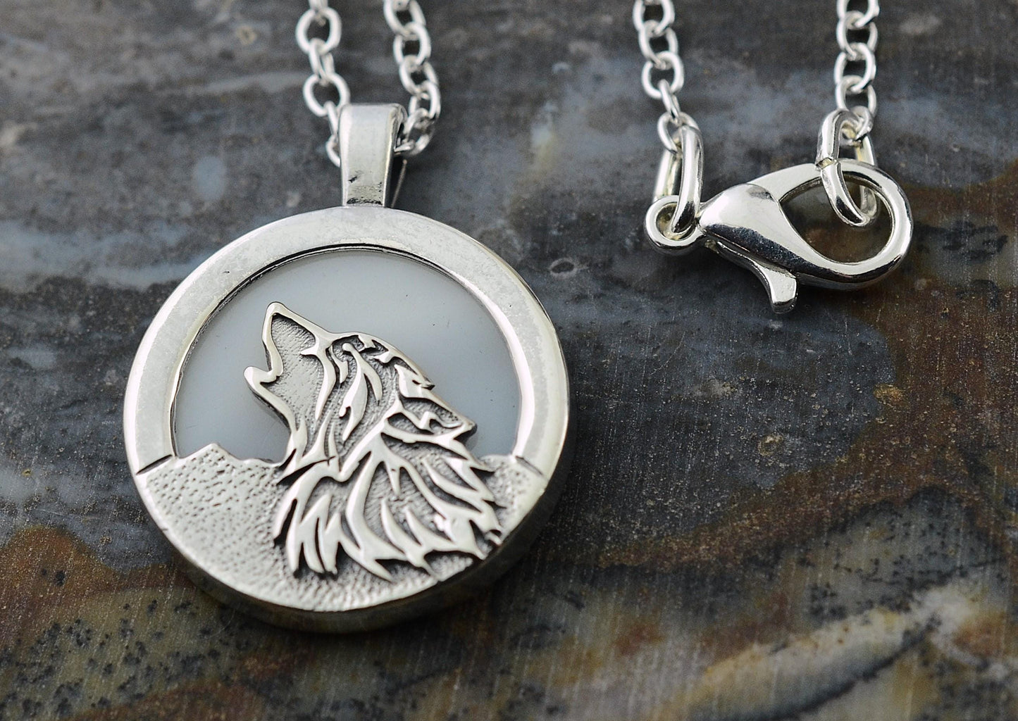 Howling Wolf Pendant in Sterling Silver with Mother of Pearl Moon – Lakota Legacy Line