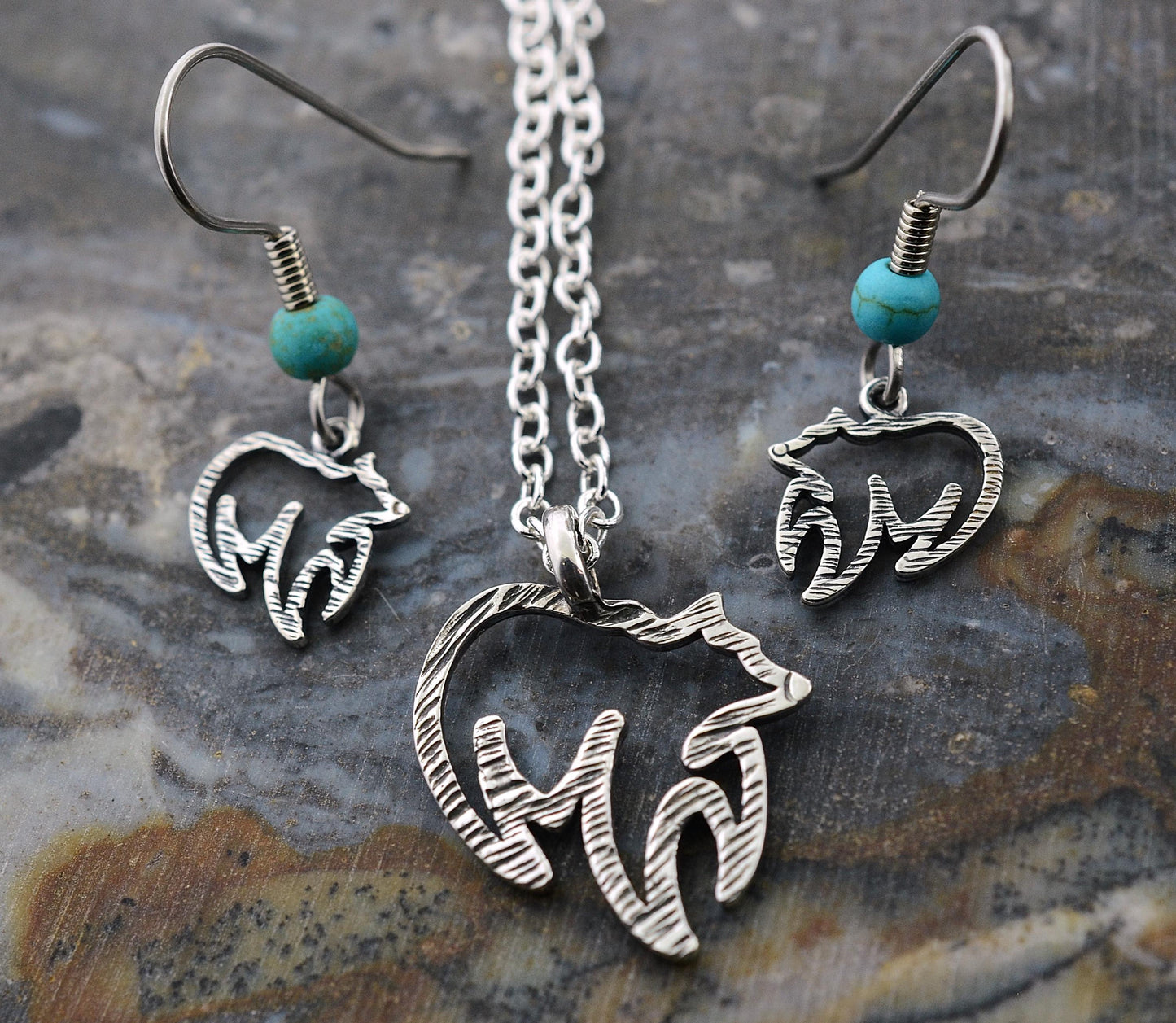 Bear Pendant and Earrings Set in Sterling Silver with Turquoise Beads Accents – Lakota Legacy Line
