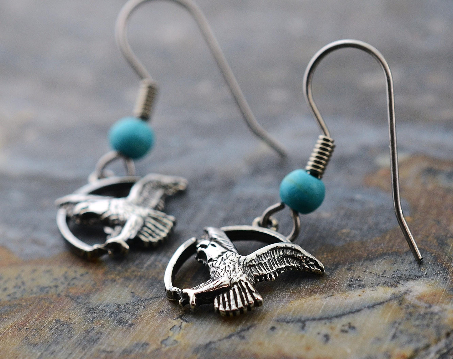 Eagle Earrings in Sterling Silver with Turquoise Beads – Lakota Legacy Line