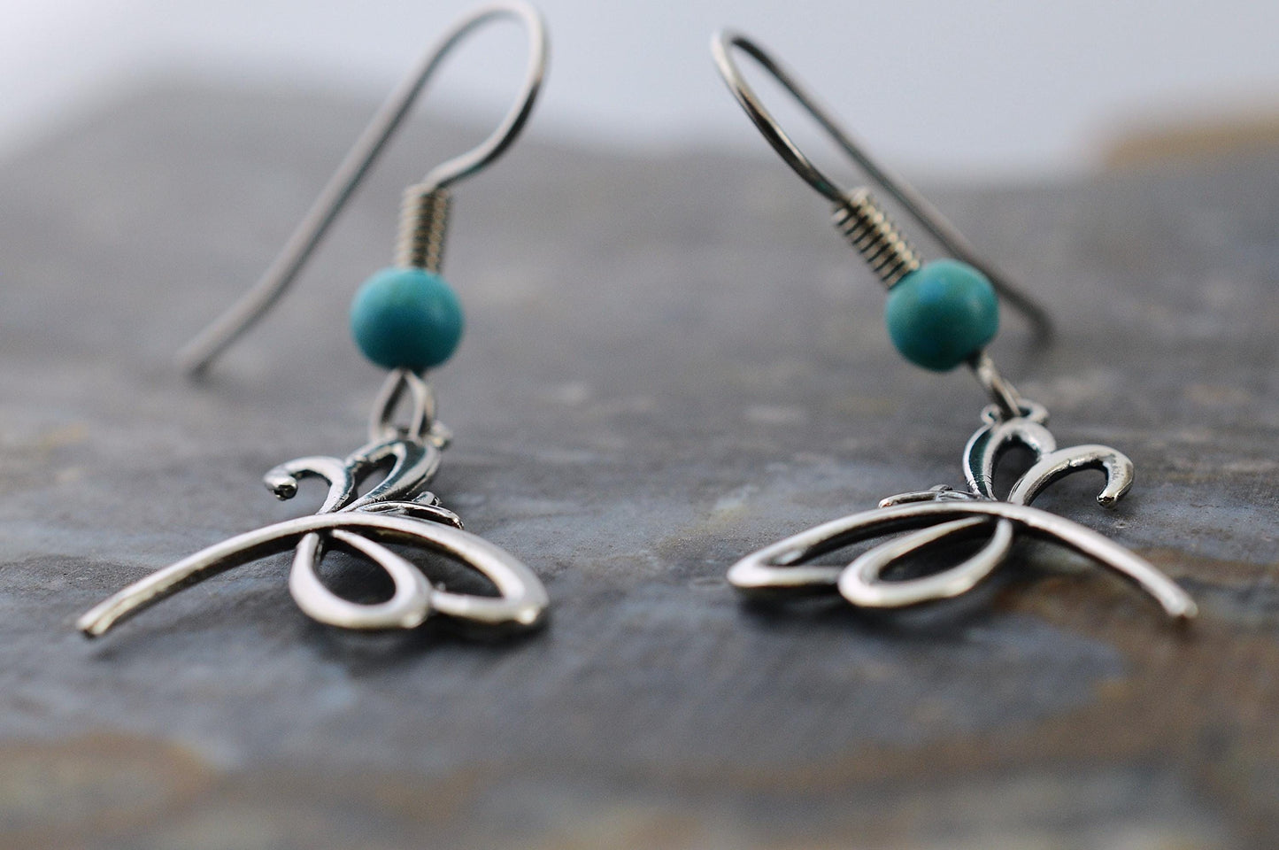 Dragonfly Earrings in Sterling Silver with Turquoise Beads – Lakota Legacy Line