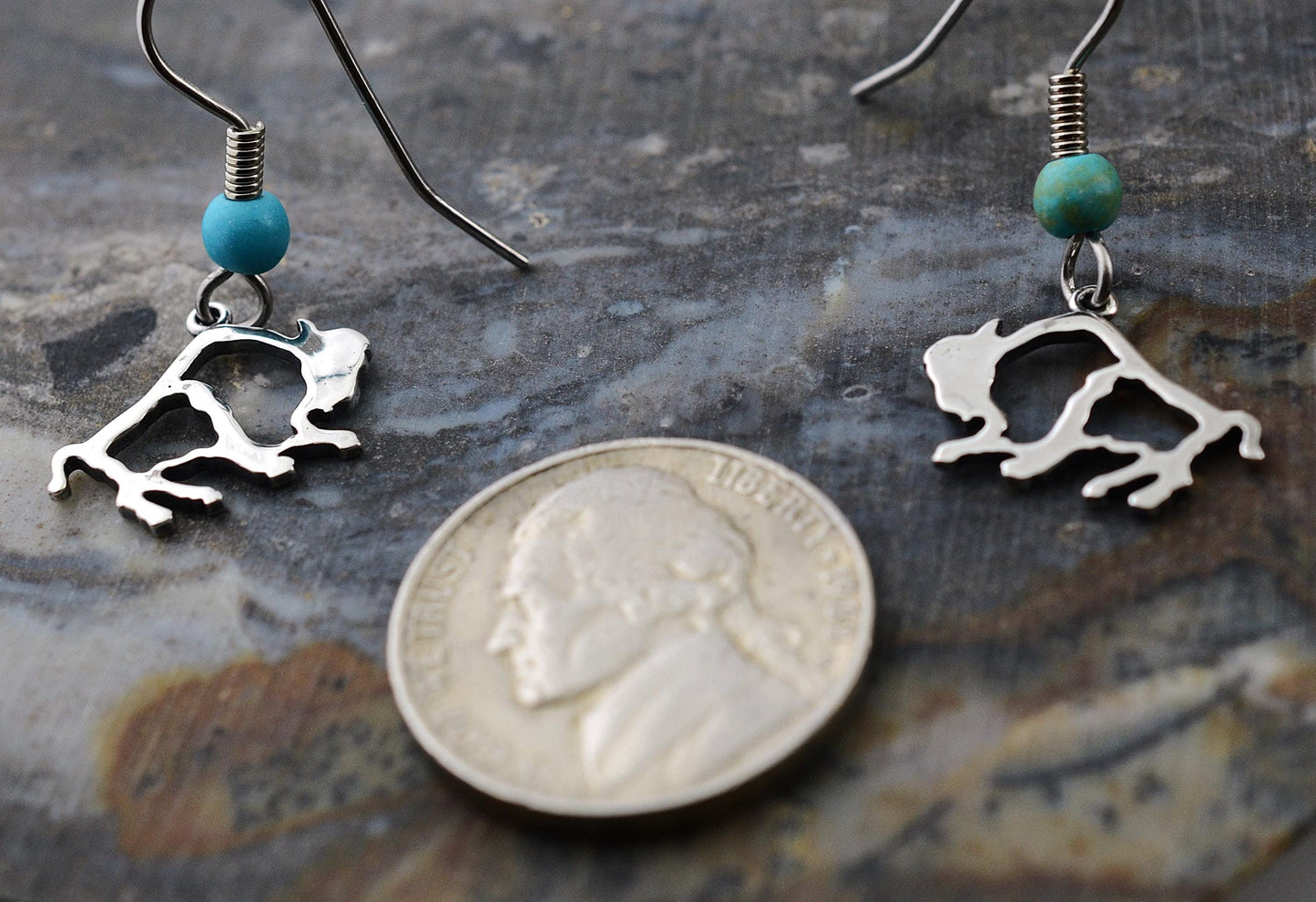 Minimalist Buffalo Earrings in Sterling Silver with Turquoise Accent– Lakota Legacy Line