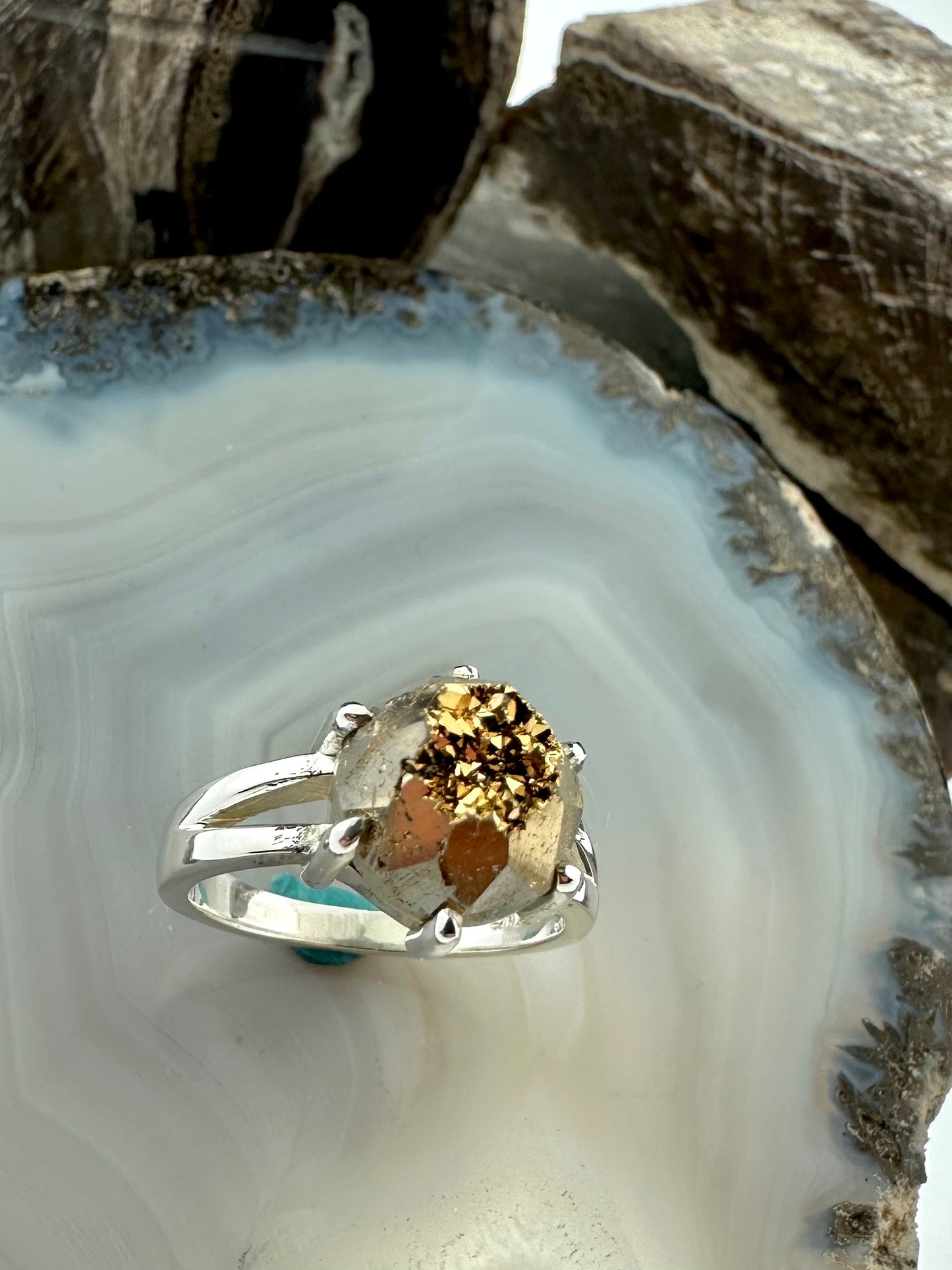 One-of-a-Kind Sterling Silver Ring with 10mm Golden Drusy – Size 7
