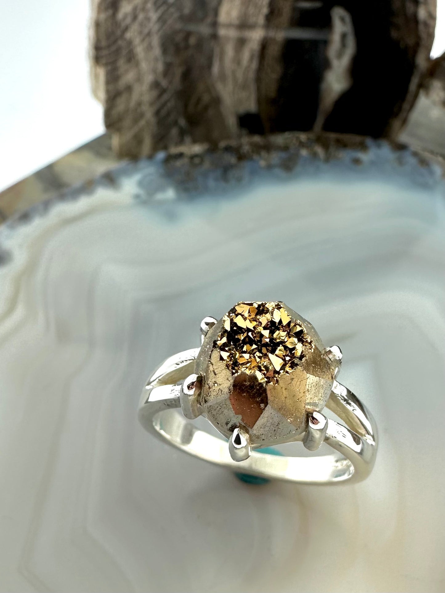 One-of-a-Kind Sterling Silver Ring with 10mm Golden Drusy – Size 7