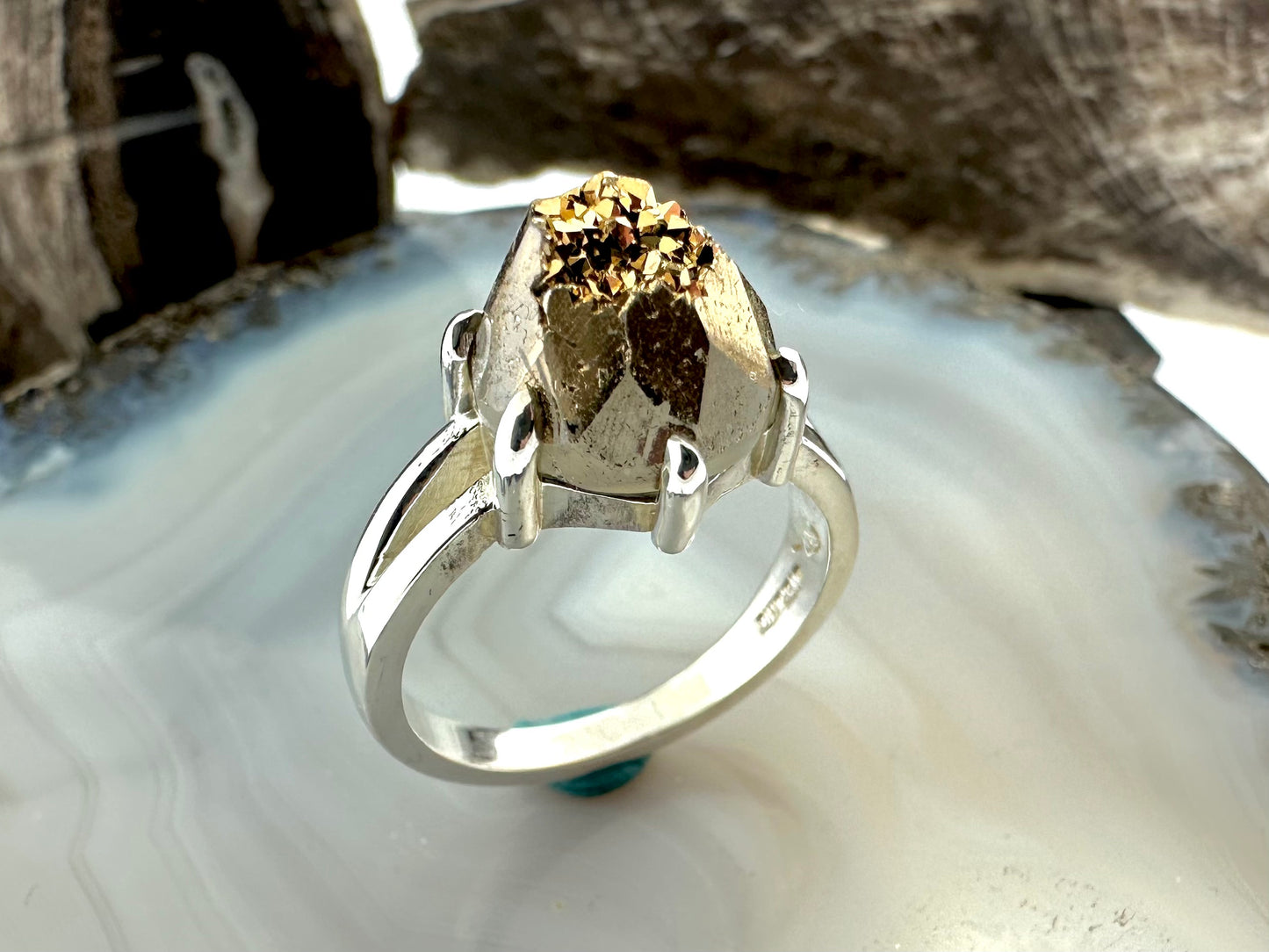 One-of-a-Kind Sterling Silver Ring with 10mm Golden Drusy – Size 7