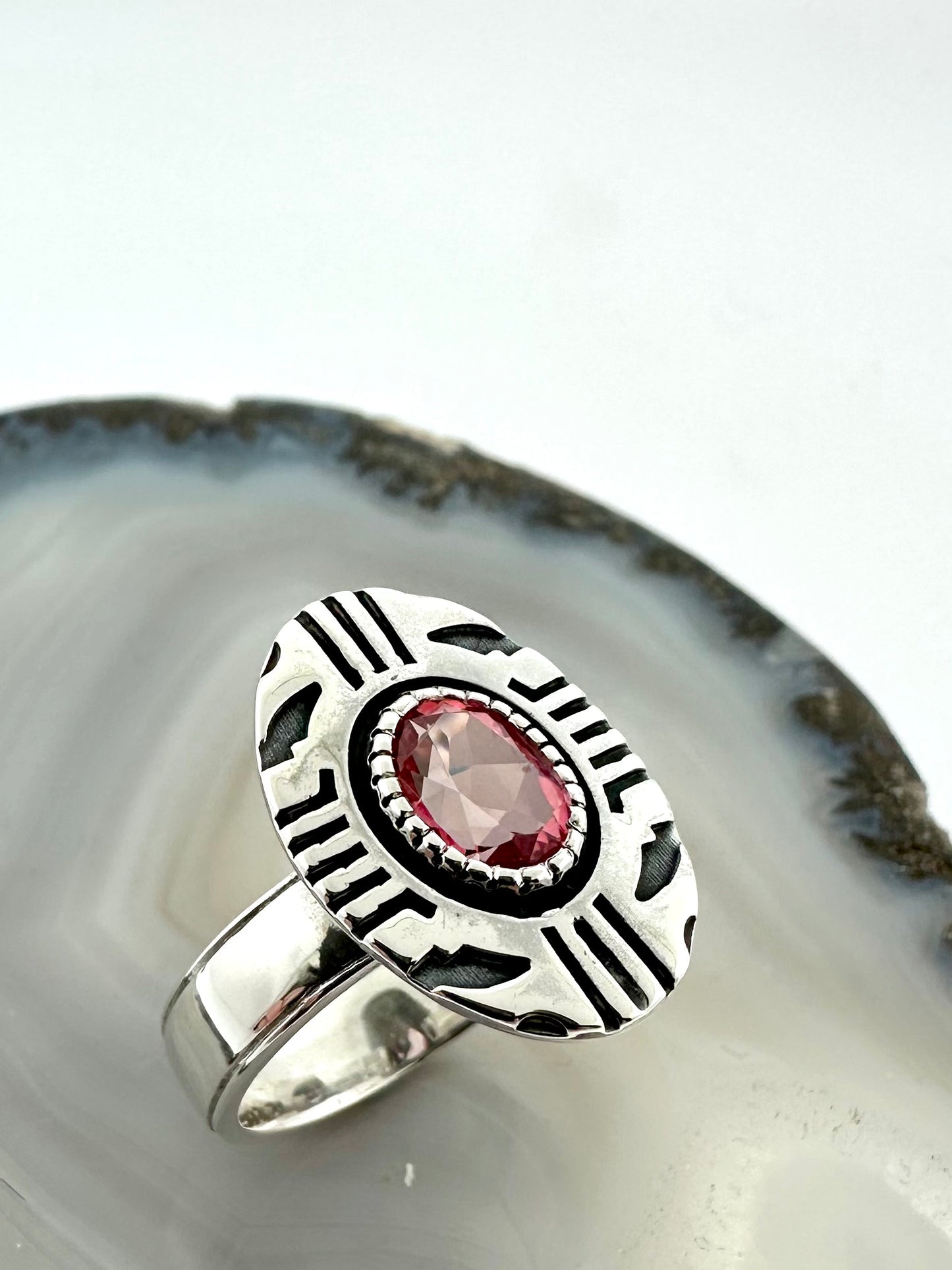 One-of-a-Kind Sterling Silver Ring with Pink Topaz - Aztec Design – Size 7.5