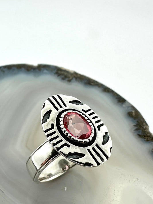 One-of-a-Kind Sterling Silver Ring with Pink Topaz - Aztec Design – Size 7.5