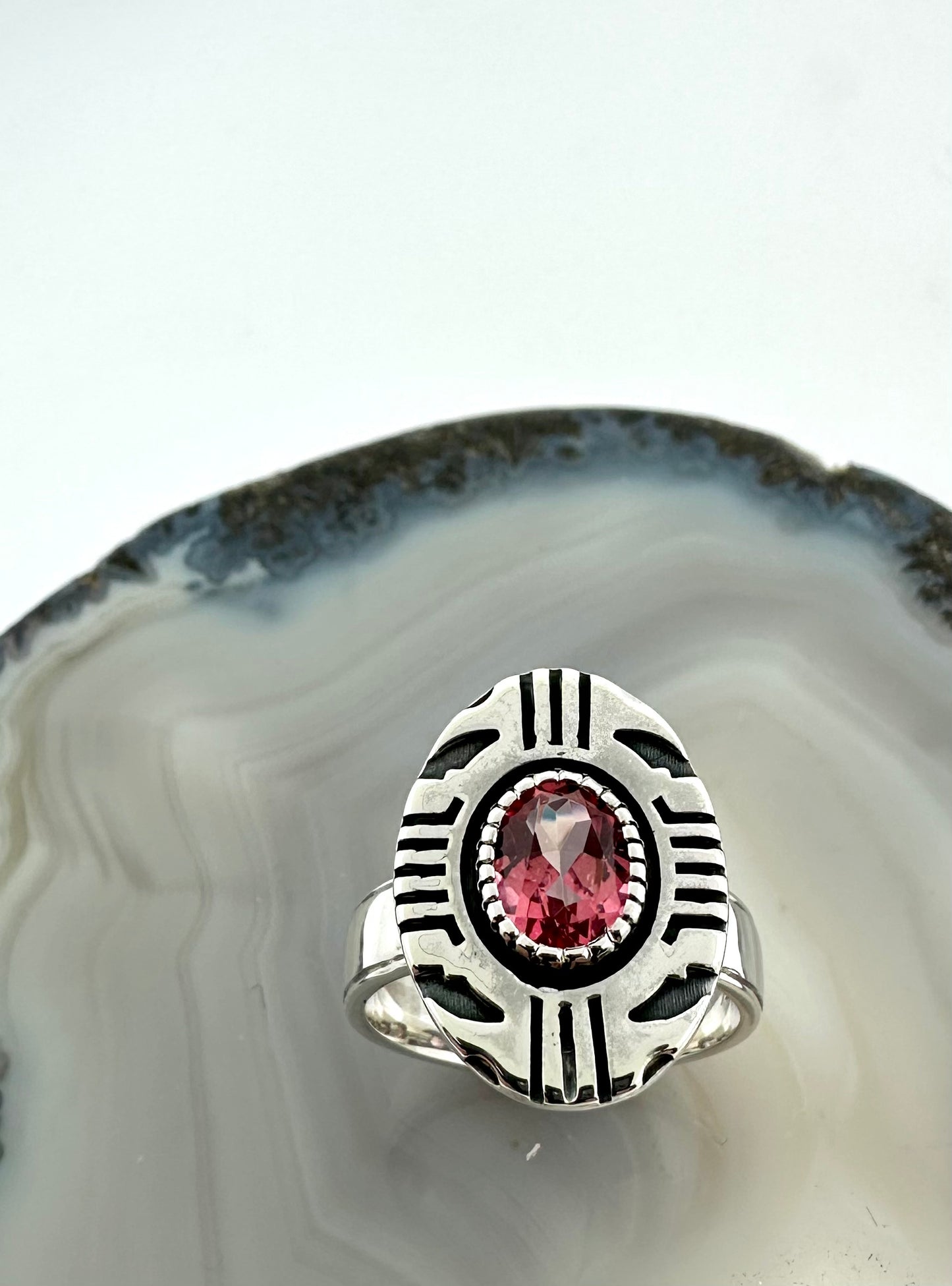 One-of-a-Kind Sterling Silver Ring with Pink Topaz - Aztec Design – Size 7.5