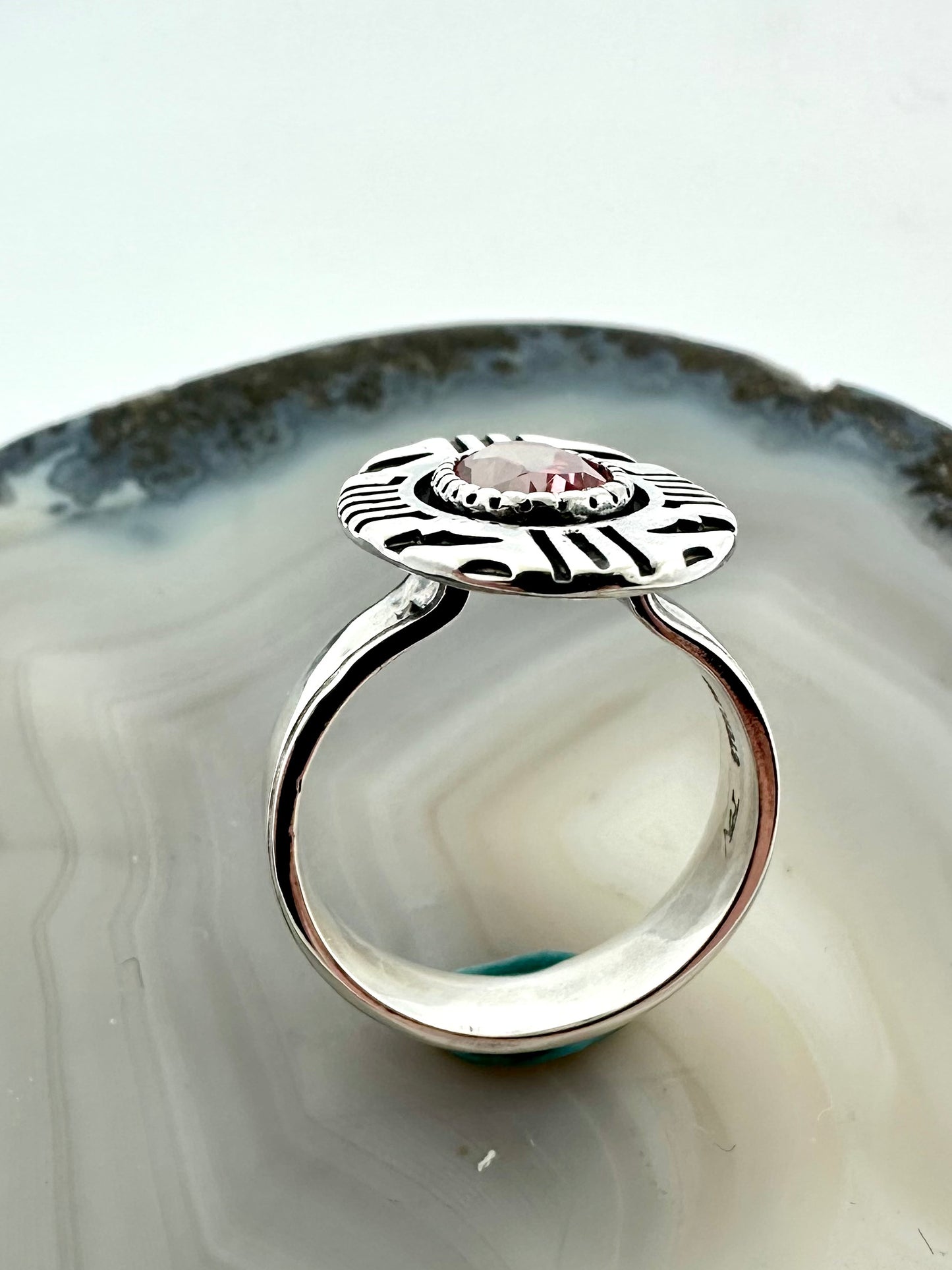 One-of-a-Kind Sterling Silver Ring with Pink Topaz - Aztec Design – Size 7.5