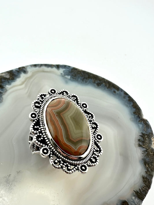 One-of-a-Kind Sterling Silver Ring with Fairburn Agate - Filigree Design – Size 7.5