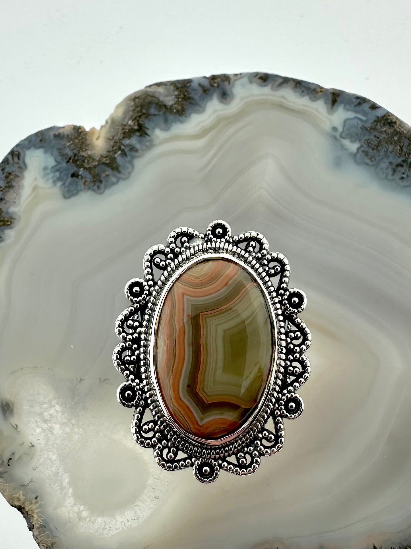One-of-a-Kind Sterling Silver Ring with Fairburn Agate - Filigree Design – Size 7.5