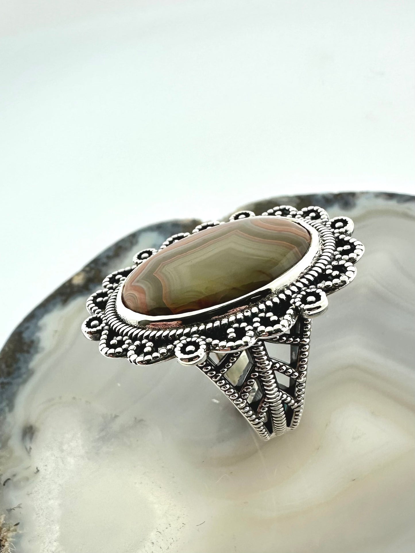 One-of-a-Kind Sterling Silver Ring with Fairburn Agate - Filigree Design – Size 7.5