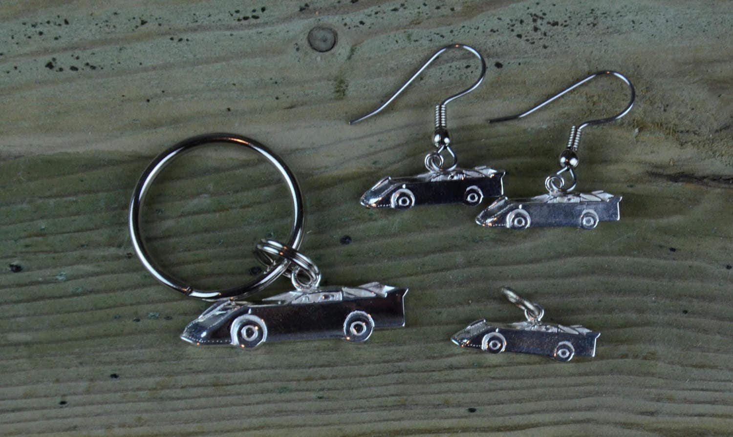 SET of Late Model Dirt Race Car in Sterling Silver, >>>>> Charm, Earrings, and Pendant or Keychain<<<<