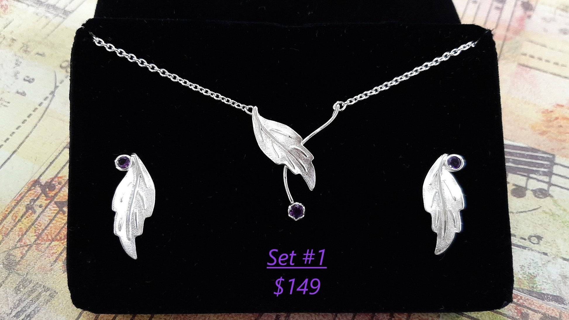 Silver Leaves with Amethyst Set Options - Leaf Ring, Leaf Earrings, Leaf Necklaces - Amethyst Jewelry Sets, Amethyst Birthstone Jewelry