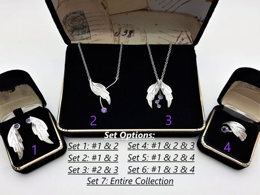 Silver Leaves with Amethyst Set Options - Leaf Ring, Leaf Earrings, Leaf Necklaces - Amethyst Jewelry Sets, Amethyst Birthstone Jewelry