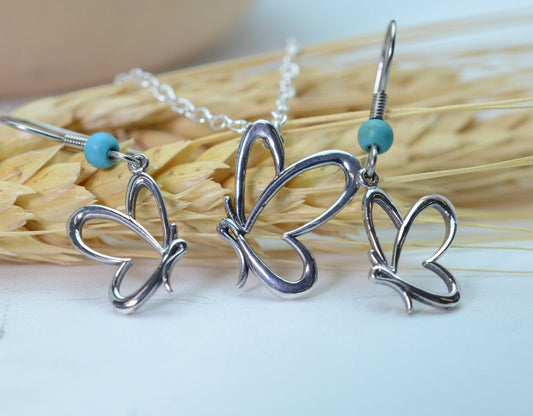 Side Profile Butterfly Pendant and Earrings Set in Sterling Silver