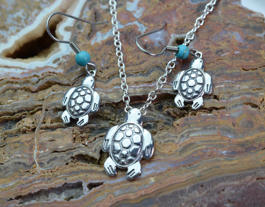 Turtle Pendant and Earrings in Sterling Silver with Turquoise Accents Set – Lakota Legacy Line