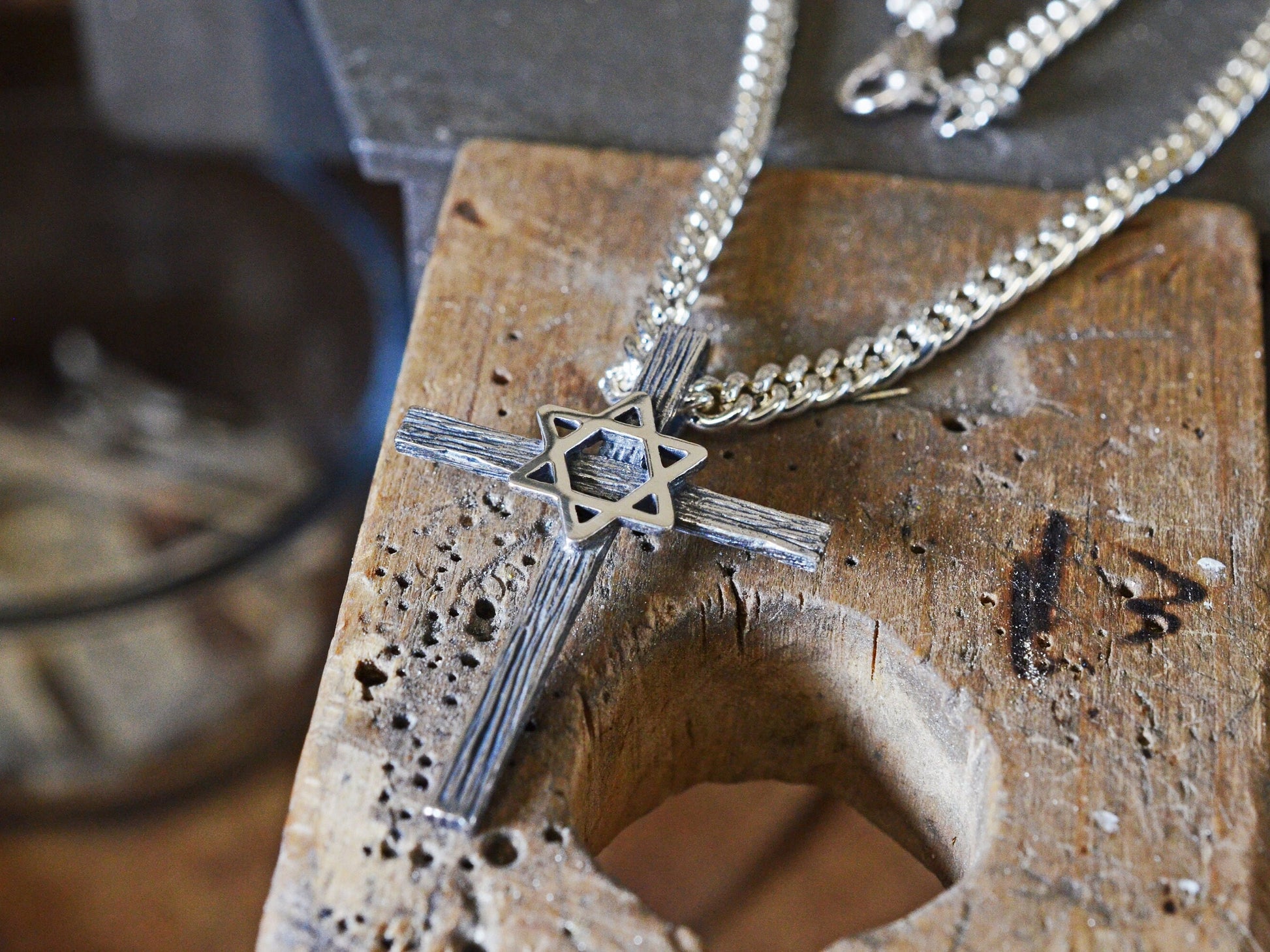 Wood Textured Star of David Wooden Cross Pendant in Sterling Silver – Identity Series