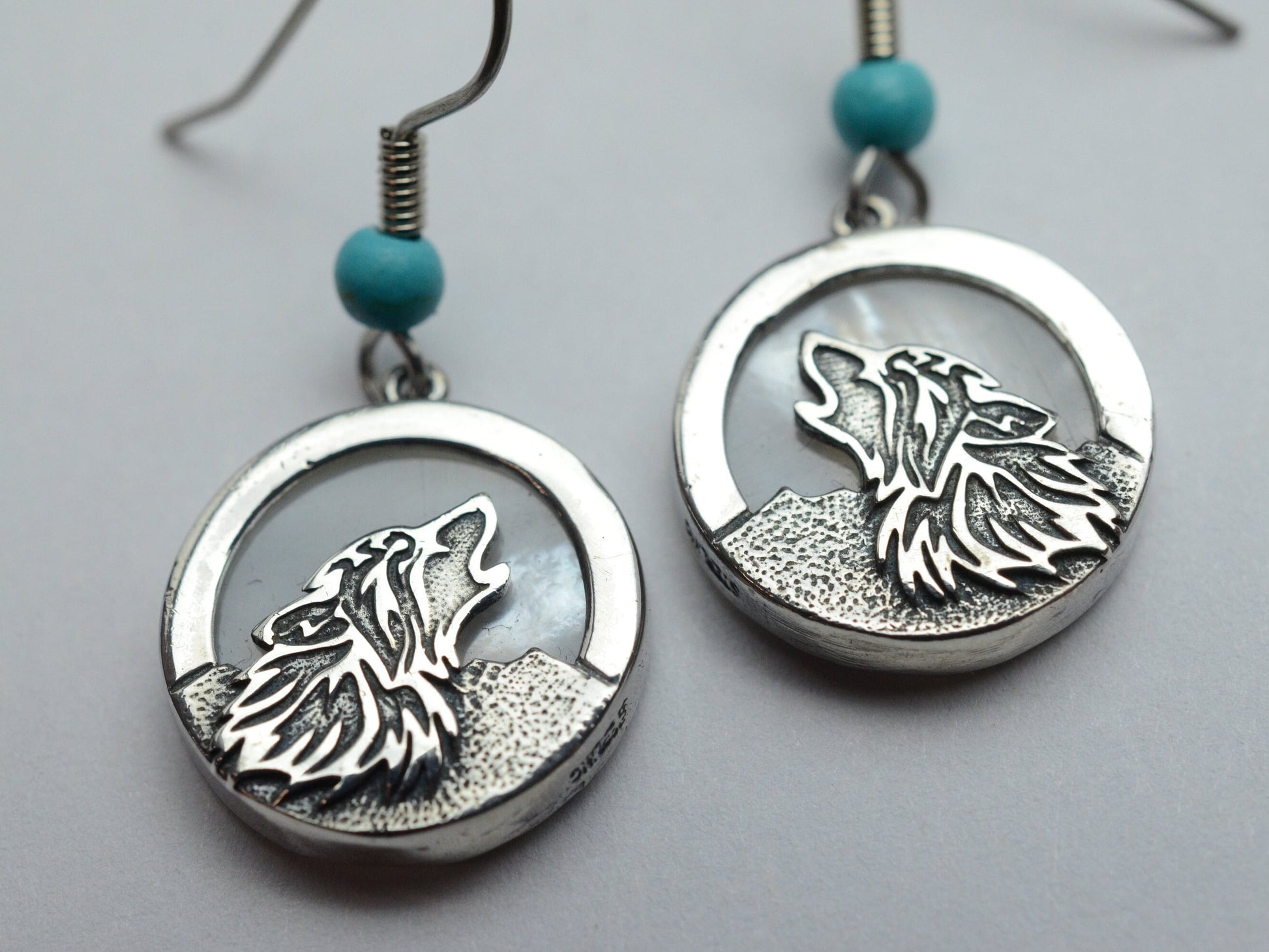 Howling Wolf Earrings in Sterling Silver with Mother of Pearl Moon – Lakota Legacy Line