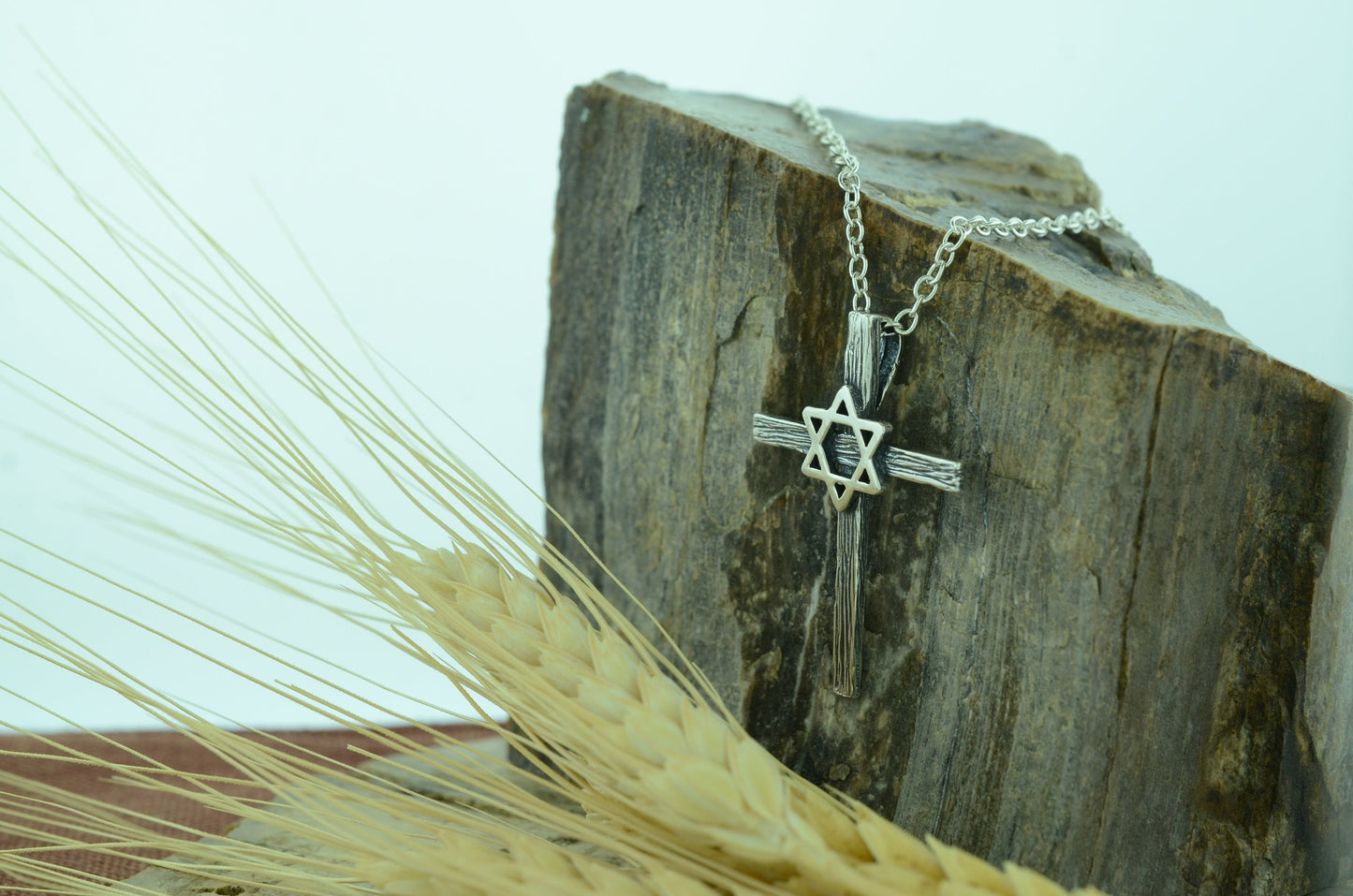 Wood Textured Star of David Wooden Cross Pendant in Sterling Silver – Identity Series