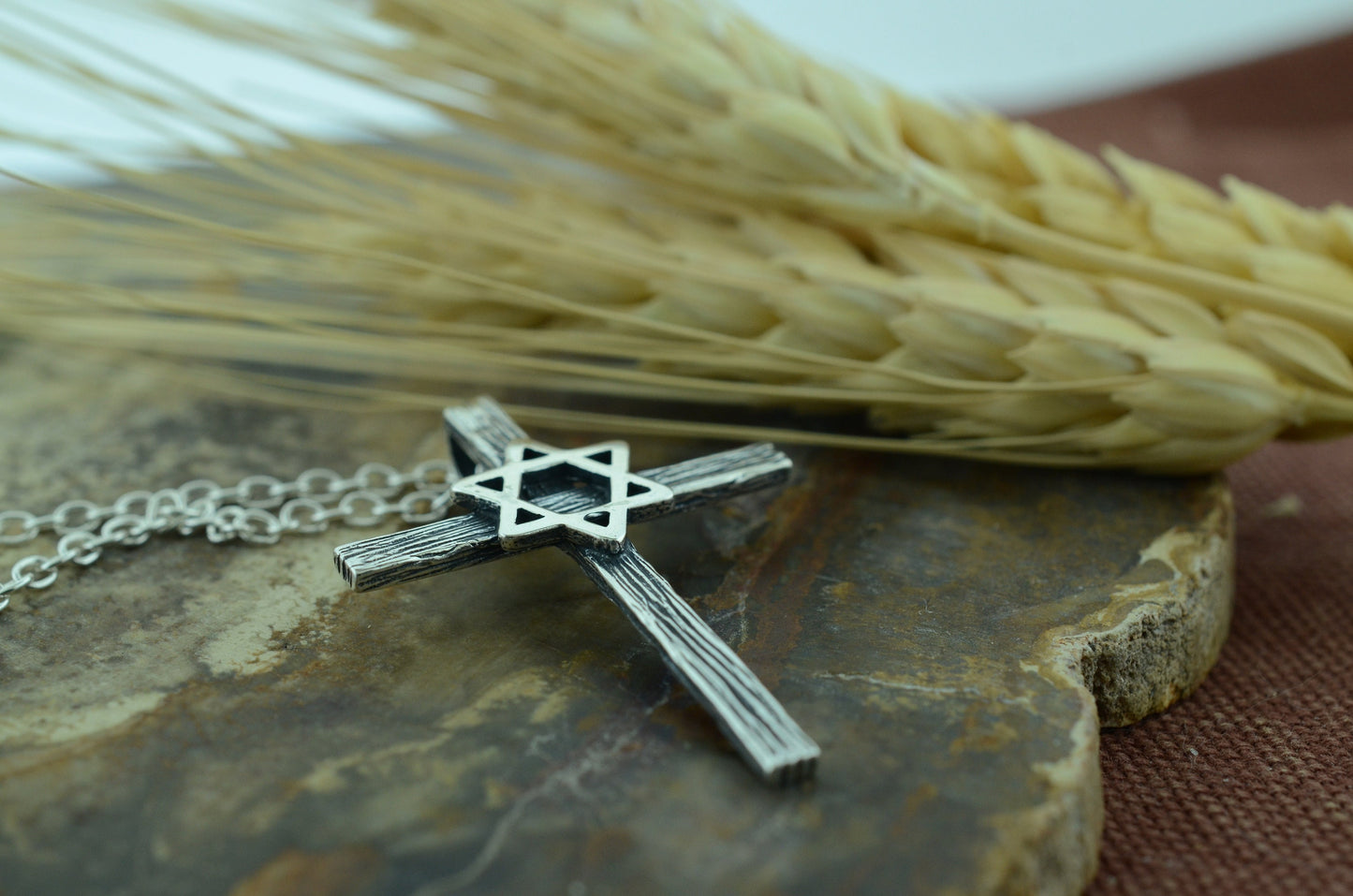 Wood Textured Star of David Wooden Cross Pendant in Sterling Silver – Identity Series