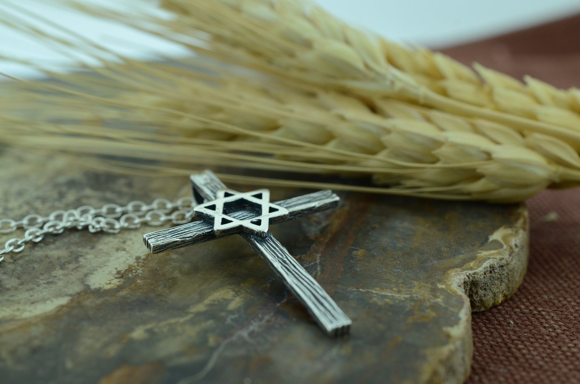 Wood Textured Star of David Wooden Cross Pendant in Sterling Silver – Identity Series