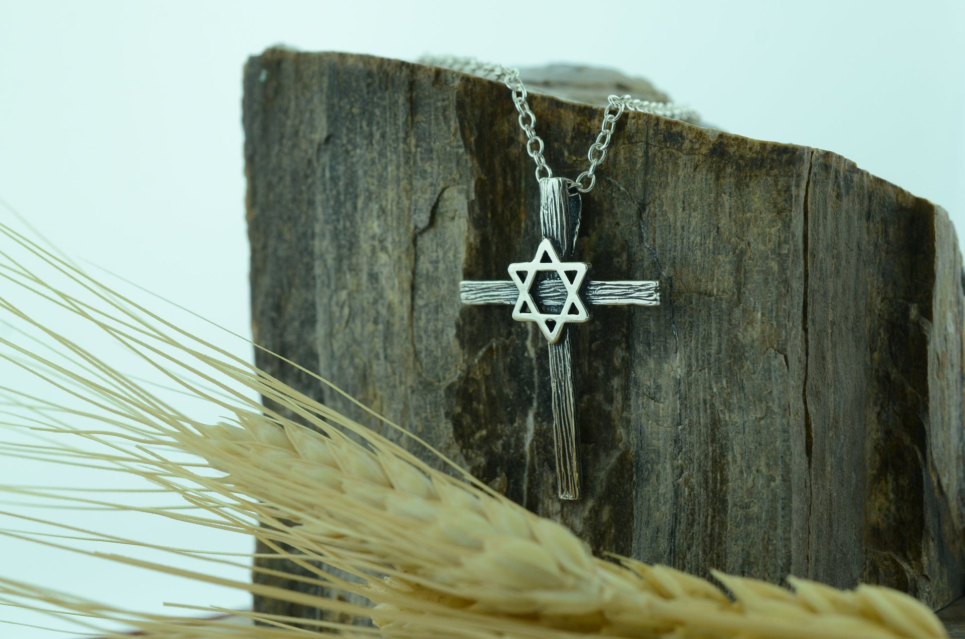 Wood Textured Star of David Wooden Cross Pendant in Sterling Silver – Identity Series