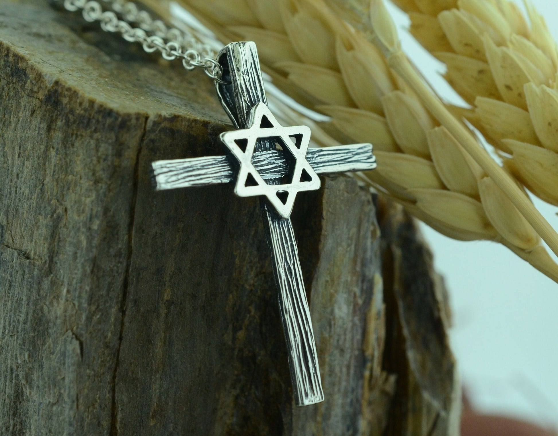 Wood Textured Star of David Wooden Cross Pendant in Sterling Silver – Identity Series
