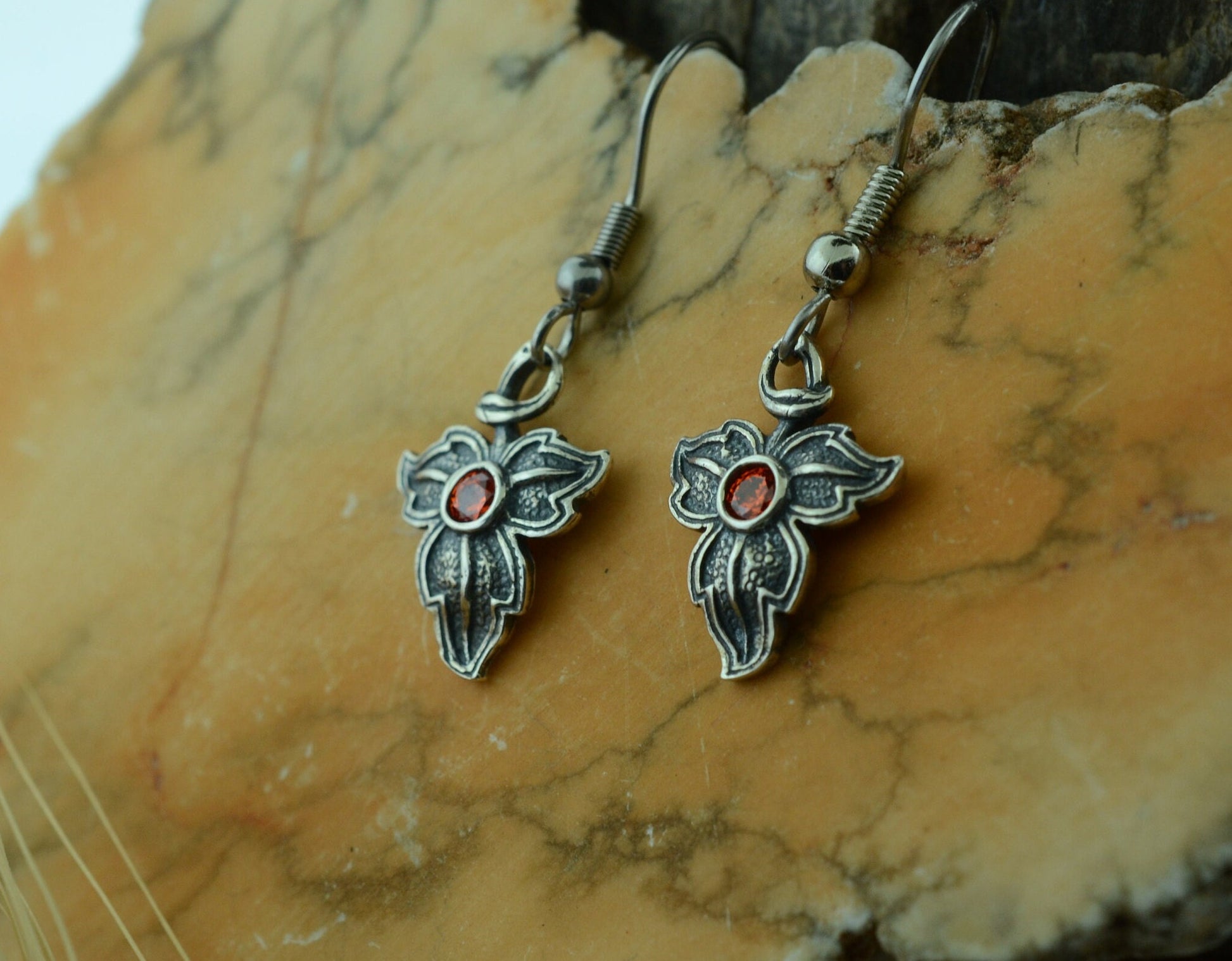 Oak Leaf Pendant and Earrings in Sterling Silver with Orange Cubic Zirconia Set