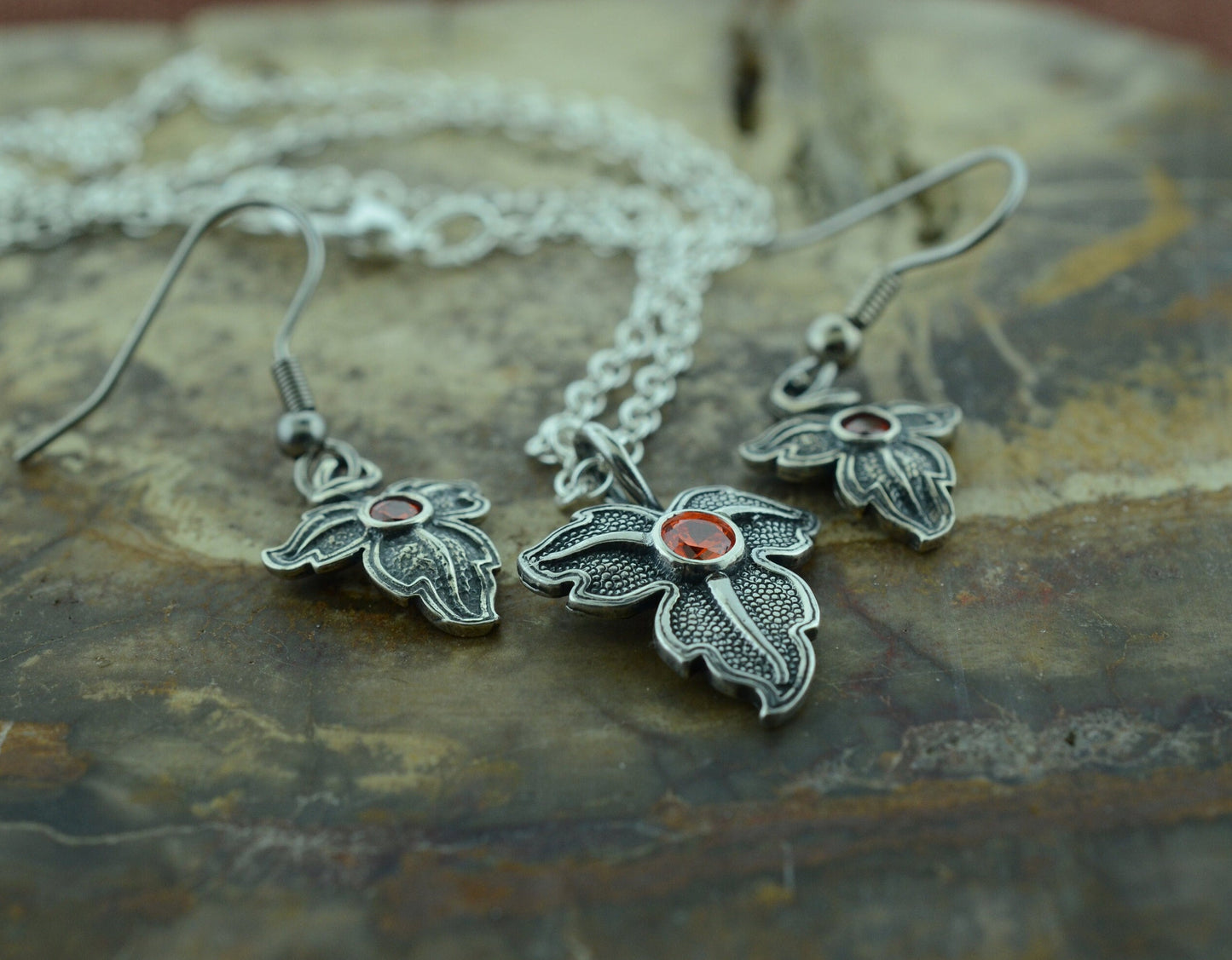 Oak Leaf Pendant and Earrings in Sterling Silver with Orange Cubic Zirconia Set