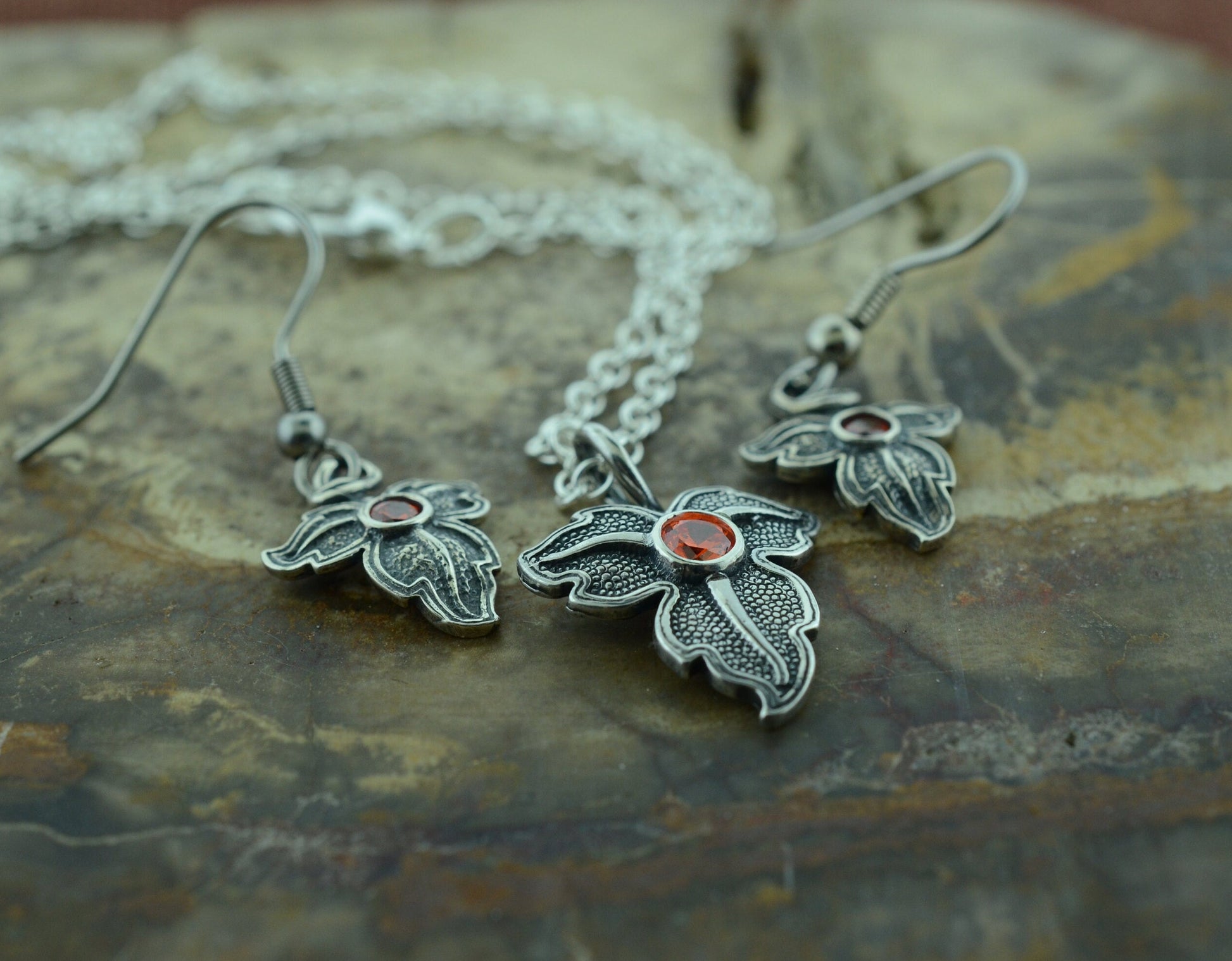 Oak Leaf Pendant and Earrings in Sterling Silver with Orange Cubic Zirconia Set