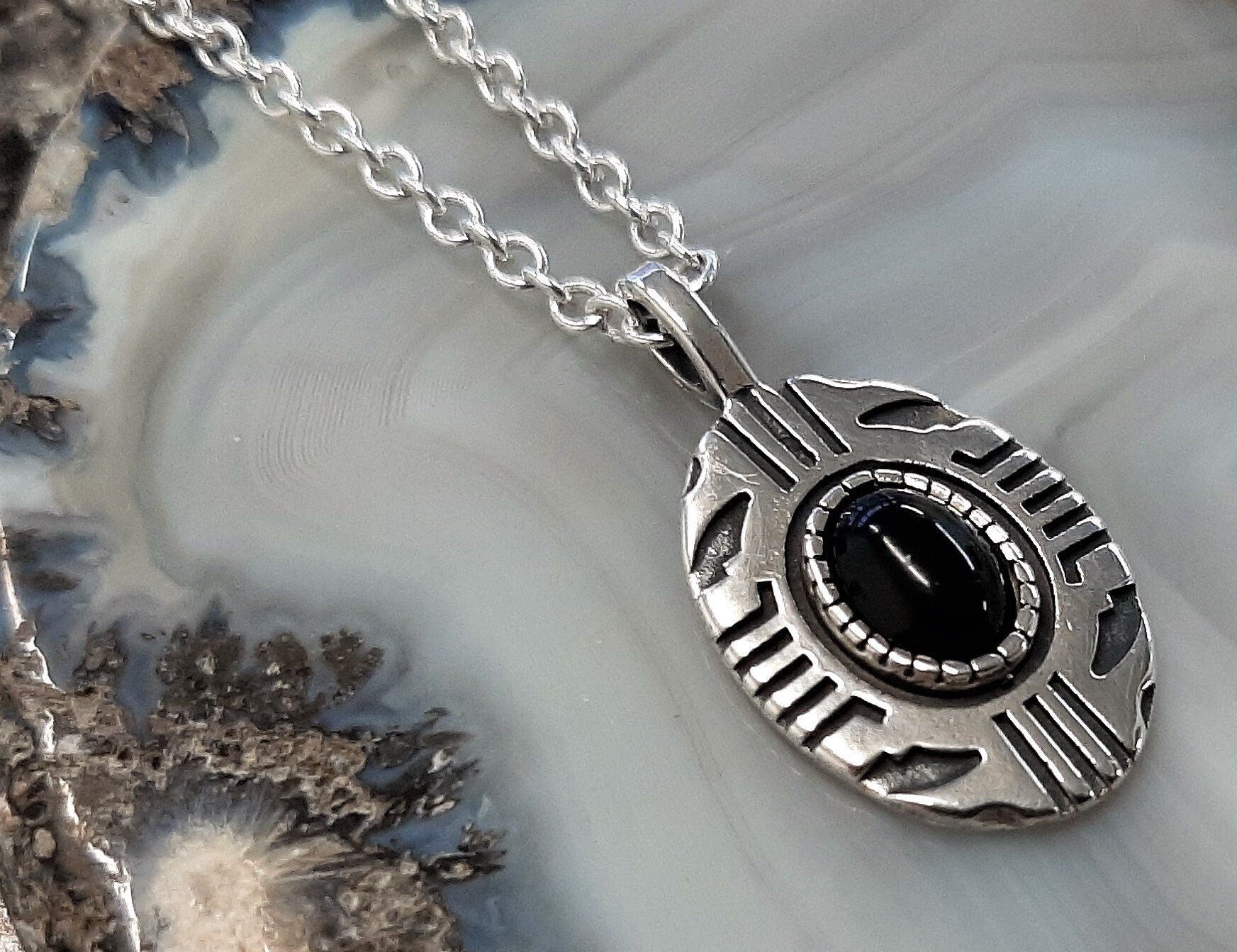 Aztec Inspired Tribal Shield Pendant in Sterling Silver with Black Onyx – Lakota Legacy Line